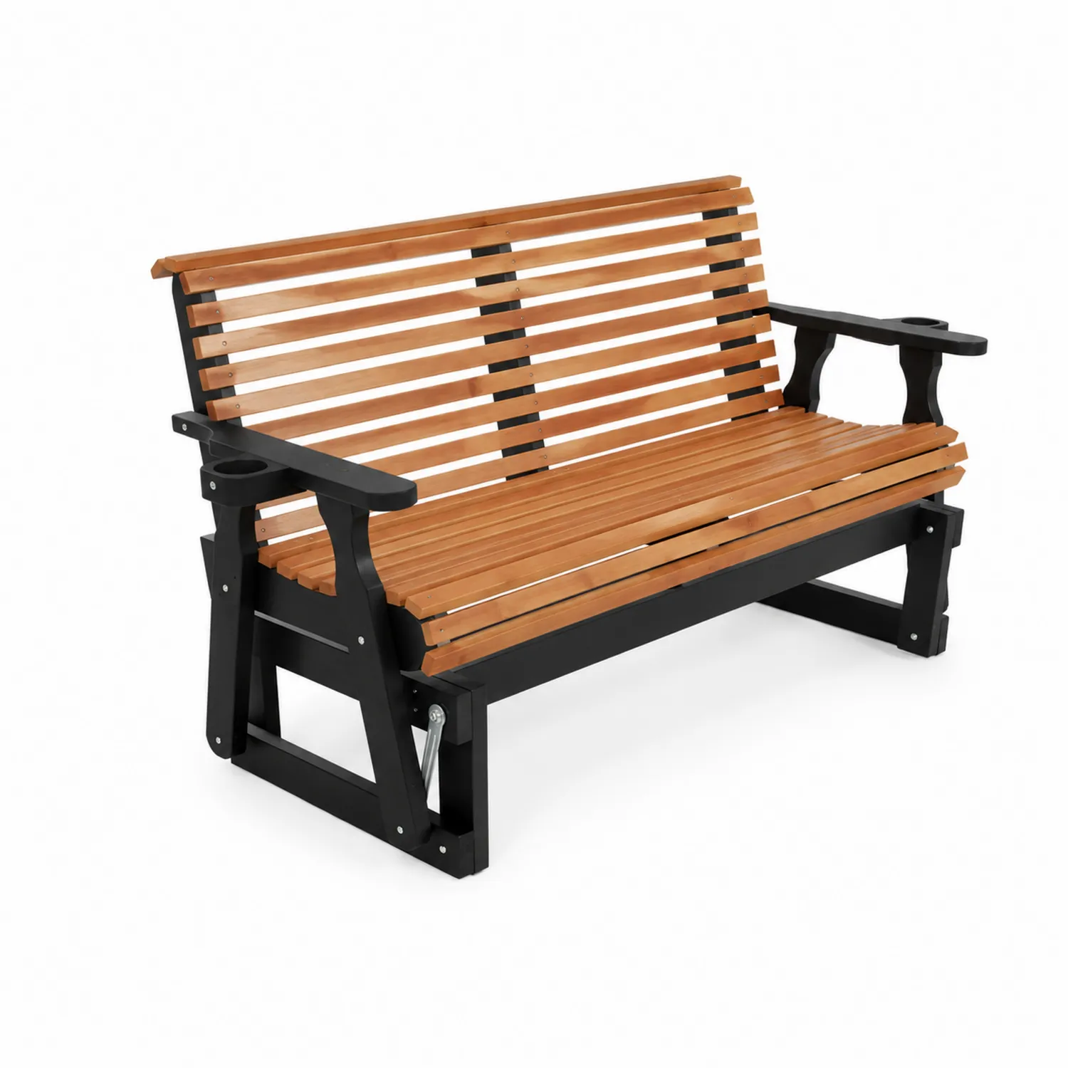 Banc en bois et métal avec porte-gobelets, 130 cm