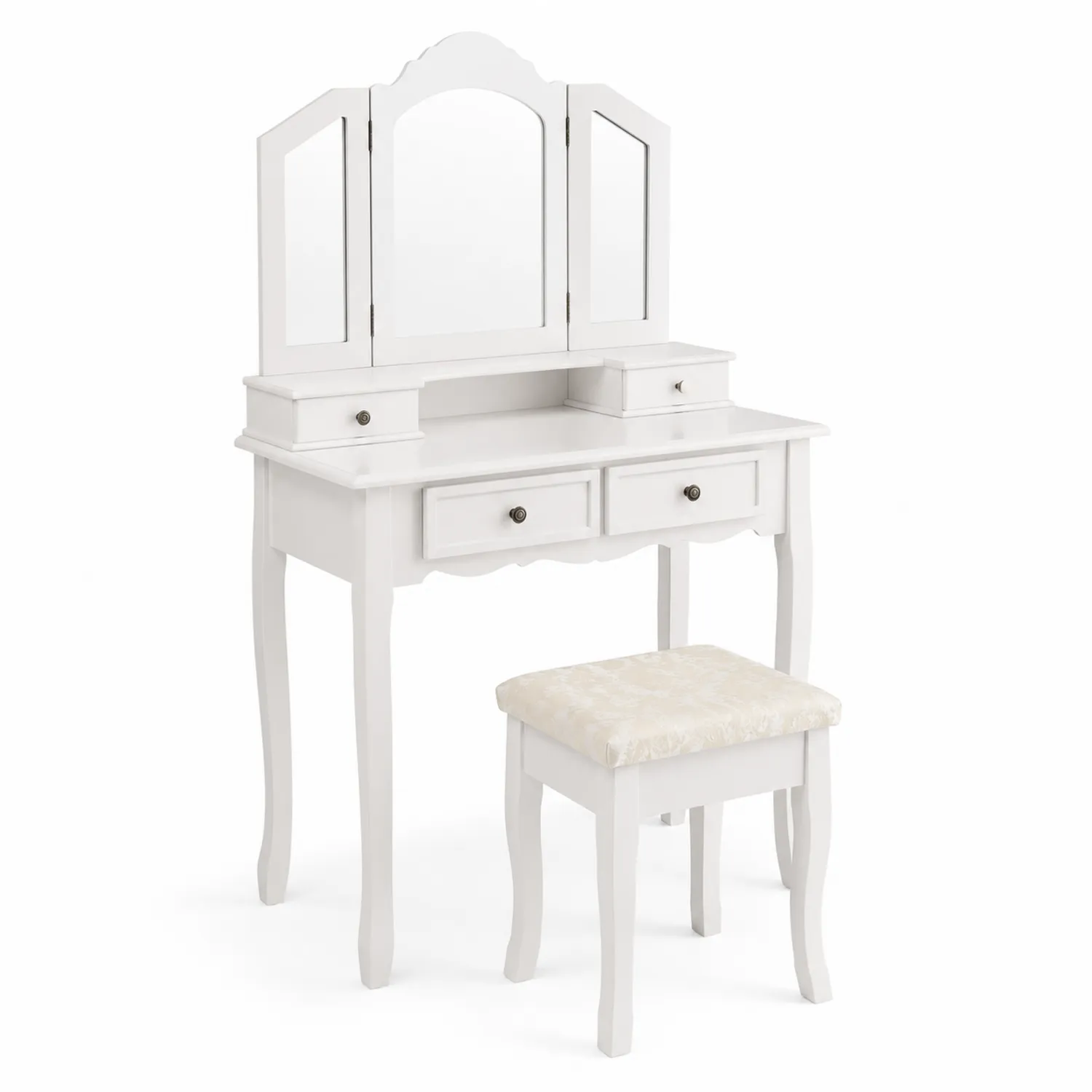 Coiffeuse en bois avec miroir triple et tabouret en tissu Blanc
