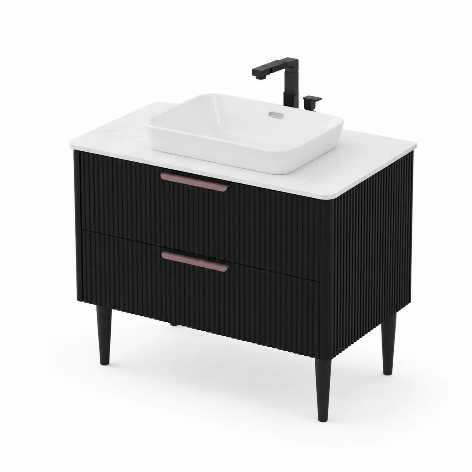 Meuble de salle de bain noir avec vasque en céramique et dessus en marbre