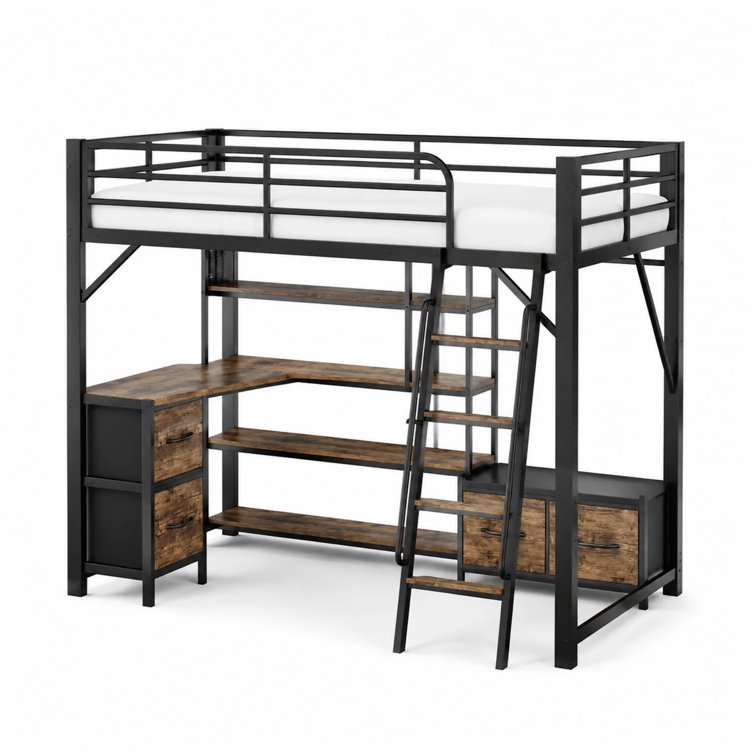 Lit mezzanine en métal noir et bois avec bureau 200x90 cm