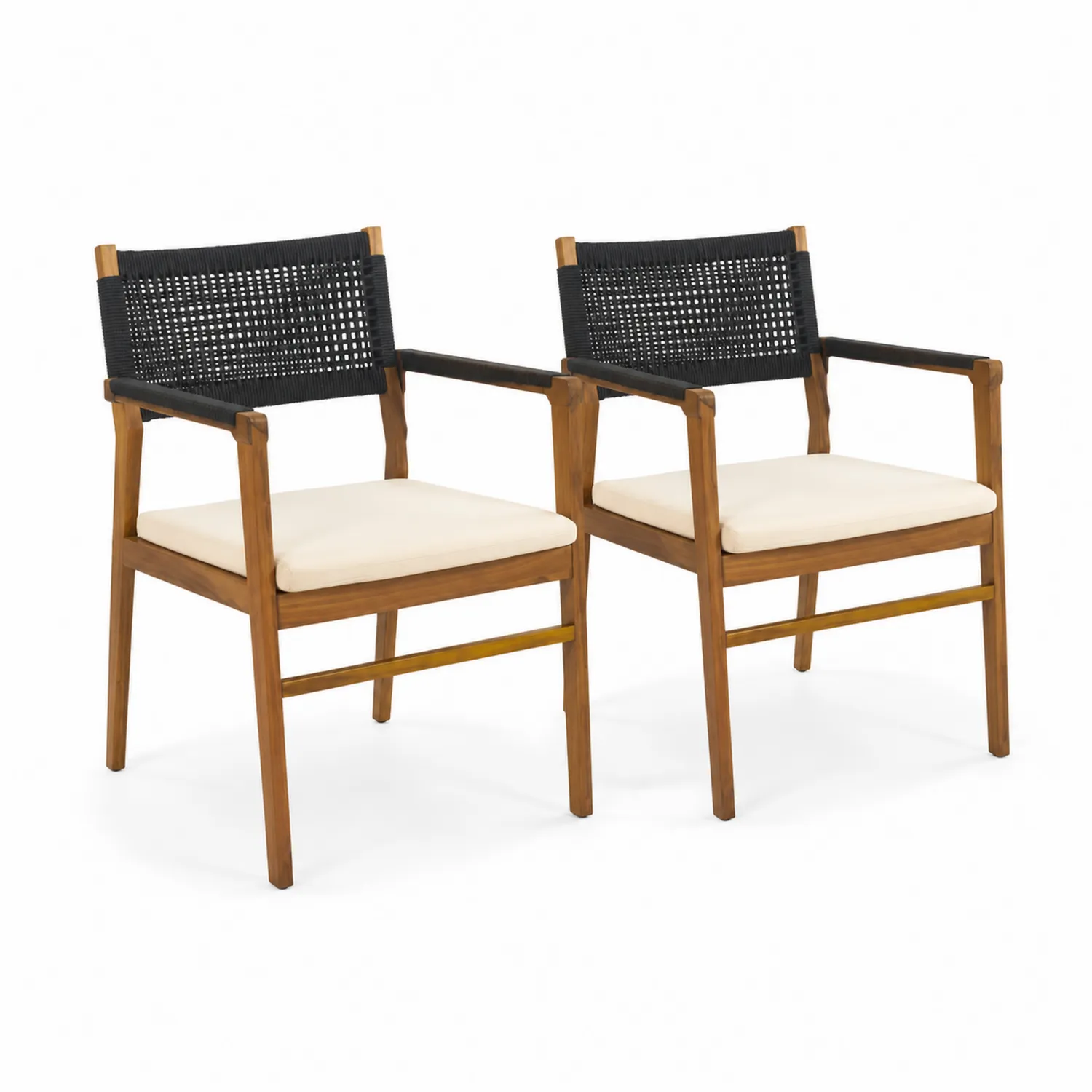 Lot de 2 chaises en bois d'acacia et corde noire avec coussin beige