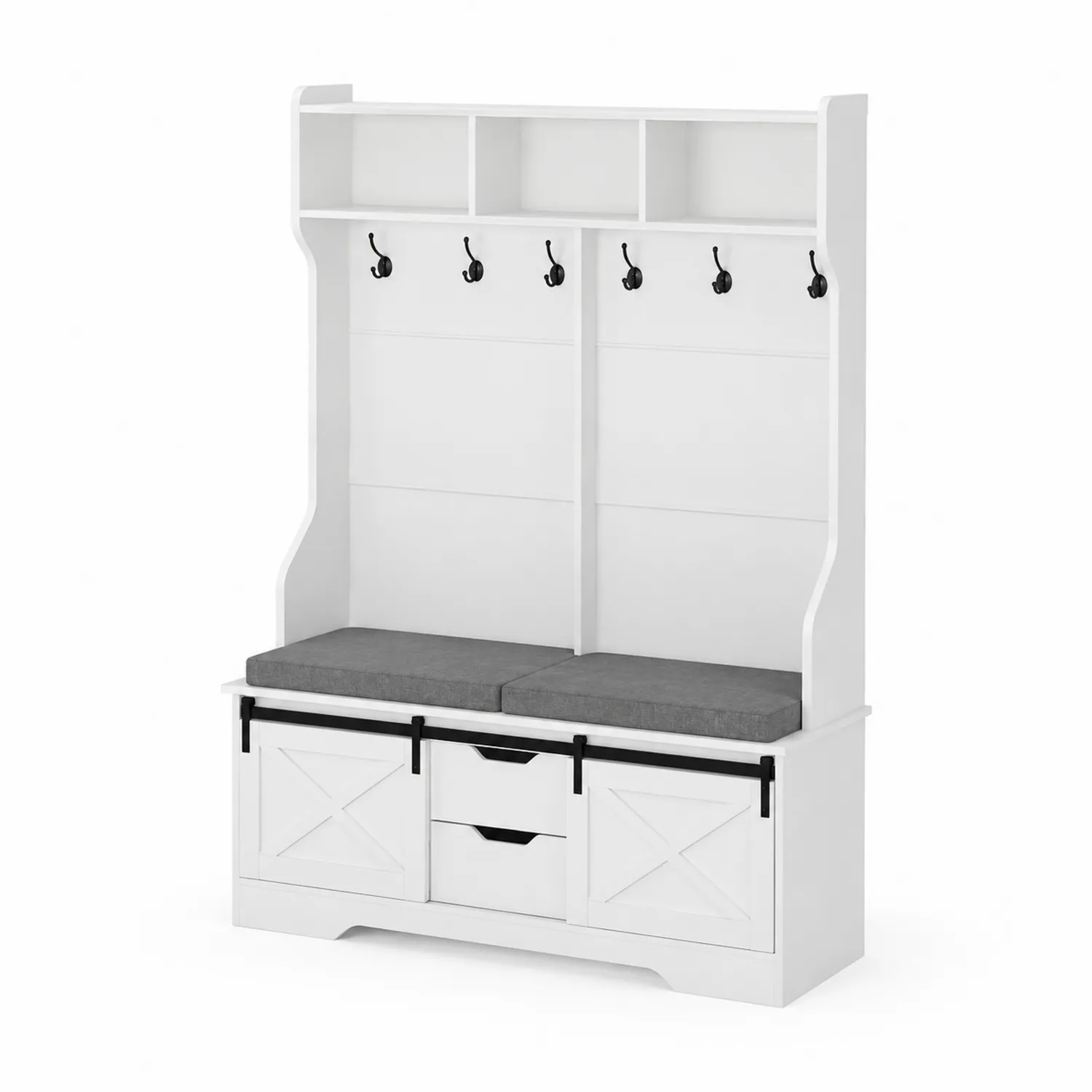 Meuble d'entrée en bois blanc avec coussins en polyester gris
