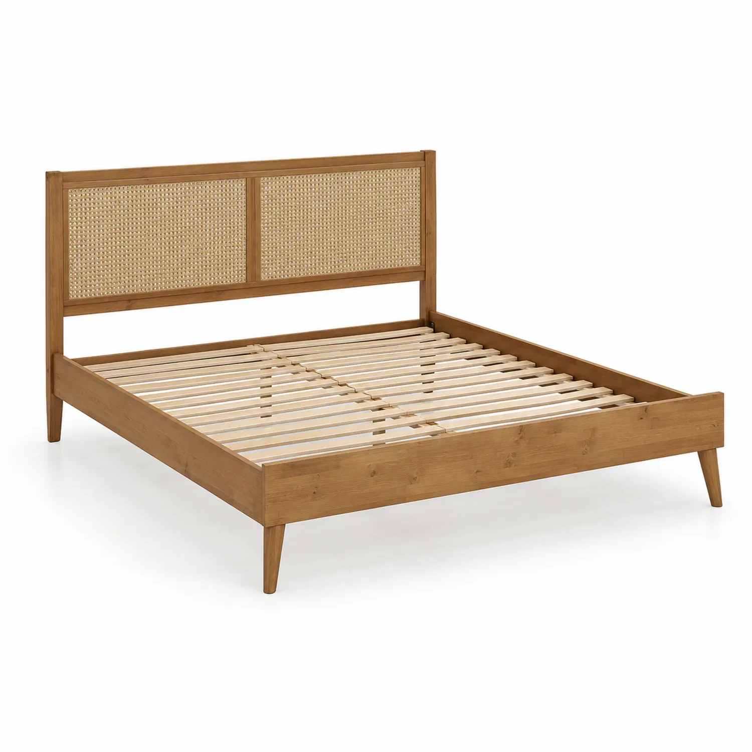 Letto matrimoniale in legno con testiera in rattan