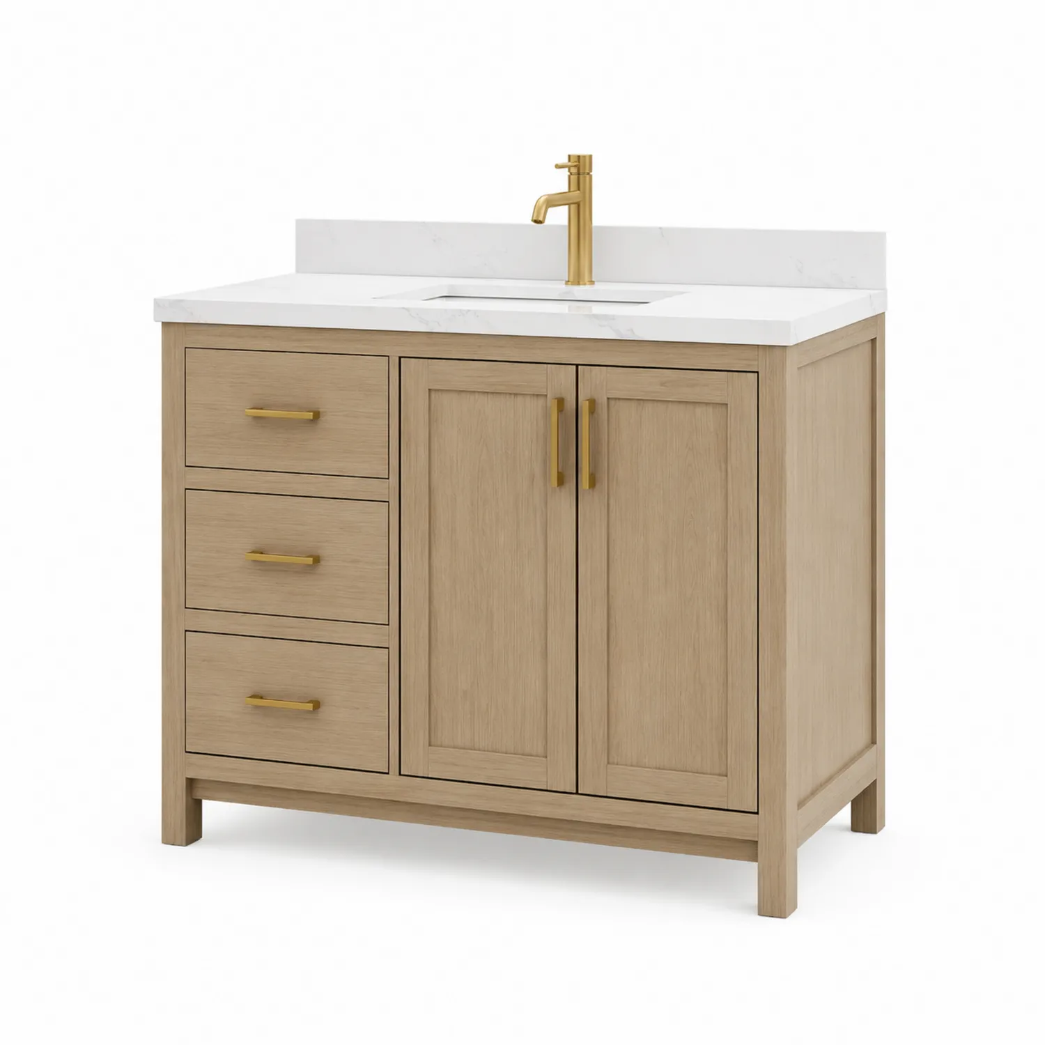 Mobile bagno in legno con top in marmo bianco e rubinetto dorato 90x55x85 cm