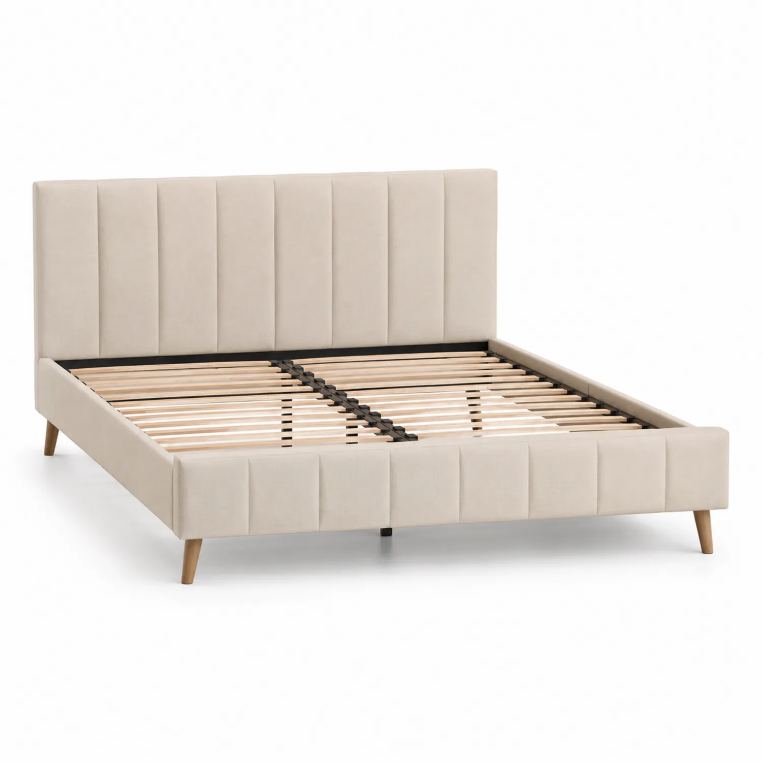 Letto matrimoniale in tessuto beige con doghe in legno massello 160x200 cm