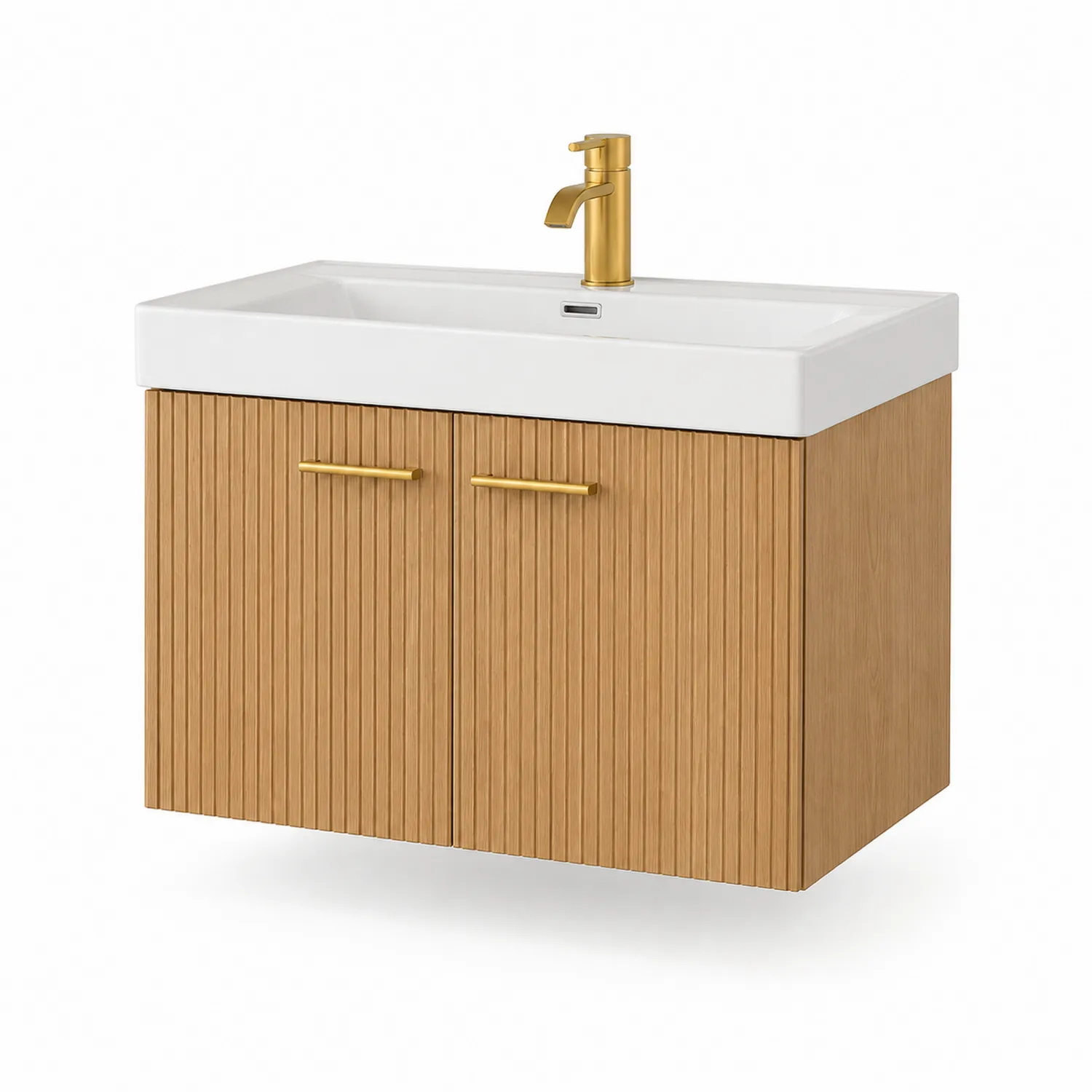 Mobile lavabo sospeso in legno con lavabo in ceramica bianca