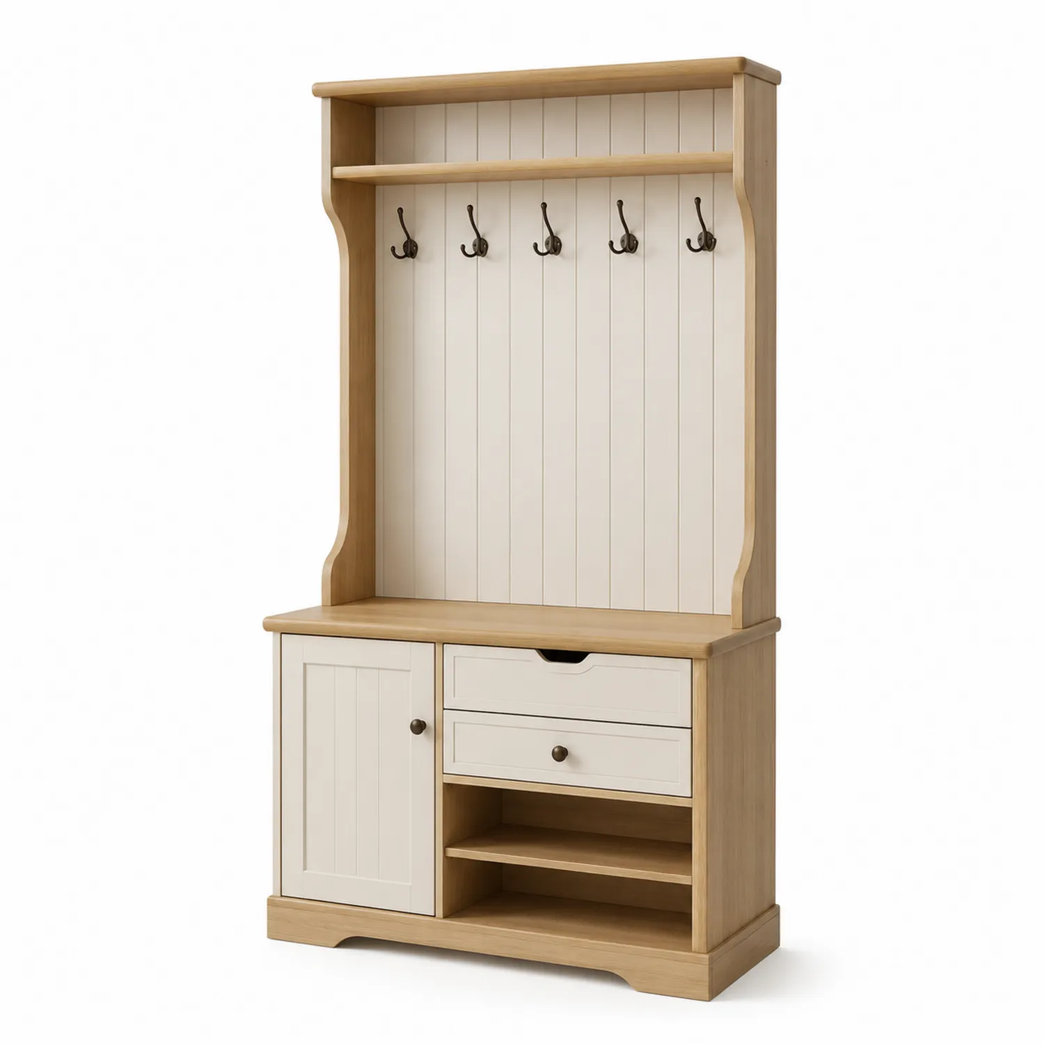 Attaccapanni in MDF e Legno di Pino con Ganci e Ripiani, Bianco/Naturale