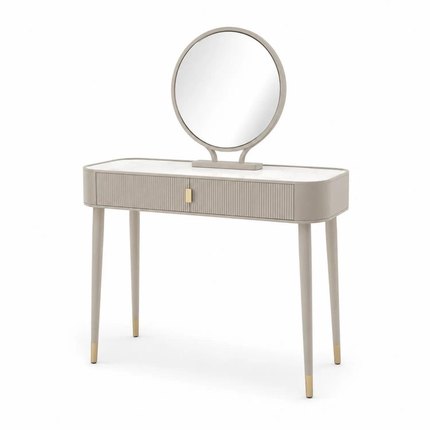 Toletta in Legno Beige con Cassetto e Specchio Rotondo