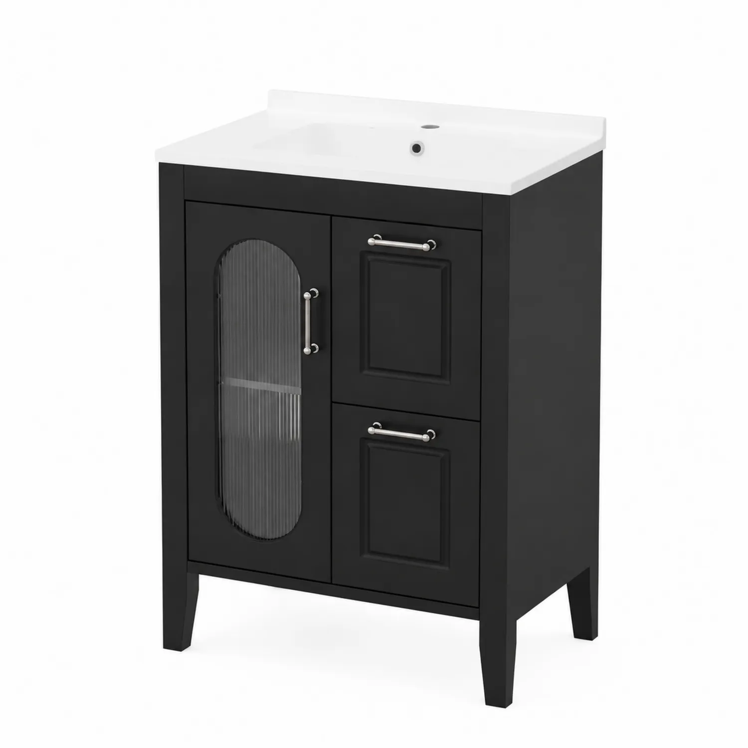 Meuble lavabo en bois noir avec porte en verre et tiroirs