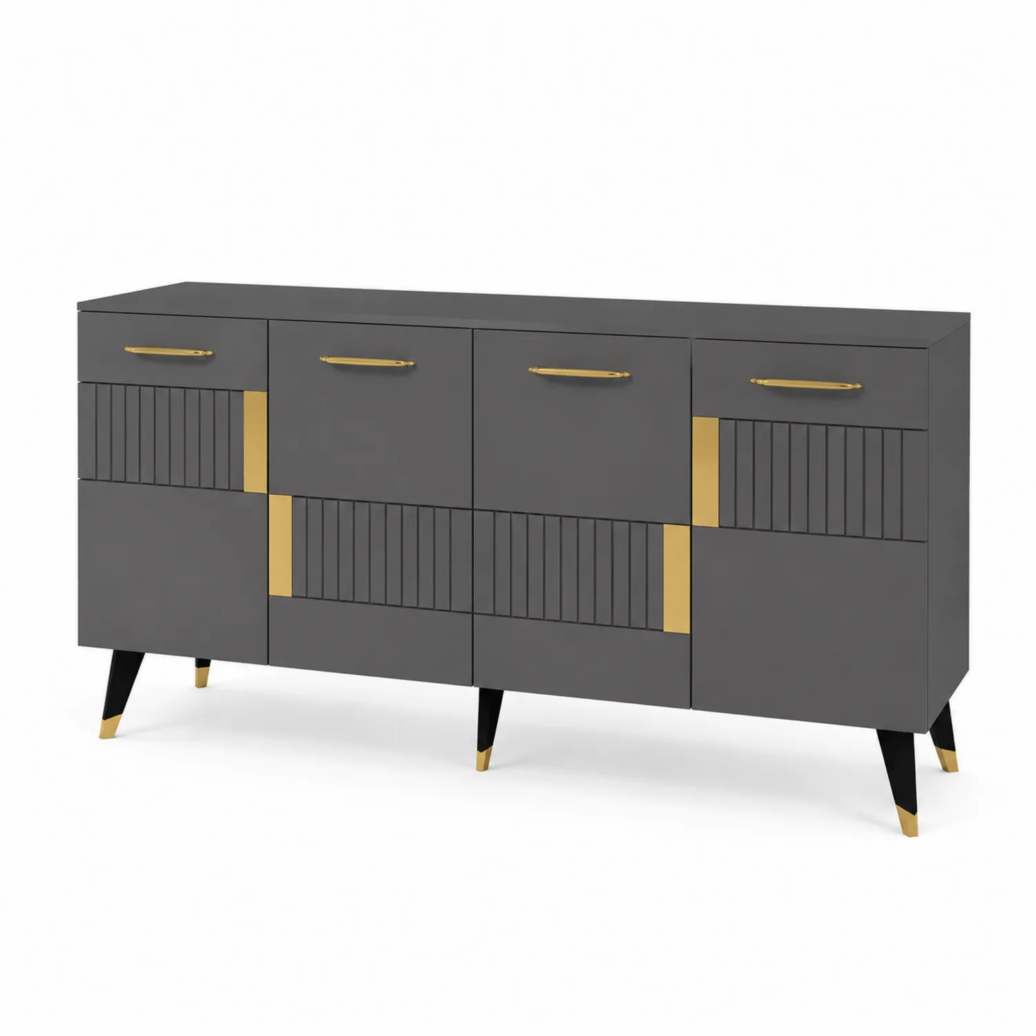 Buffet rectangulaire en MDF gris avec poignées en acier doré