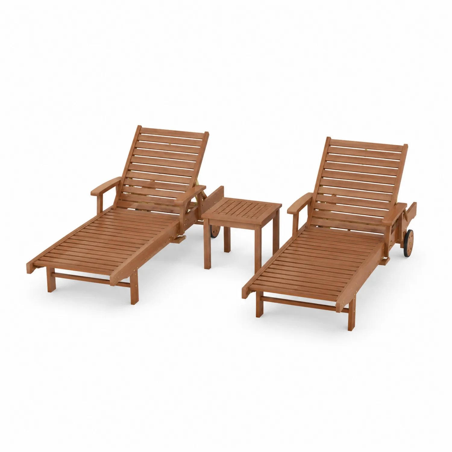 Ensemble de chaises longues en bois d'acacia avec table d'extérieur