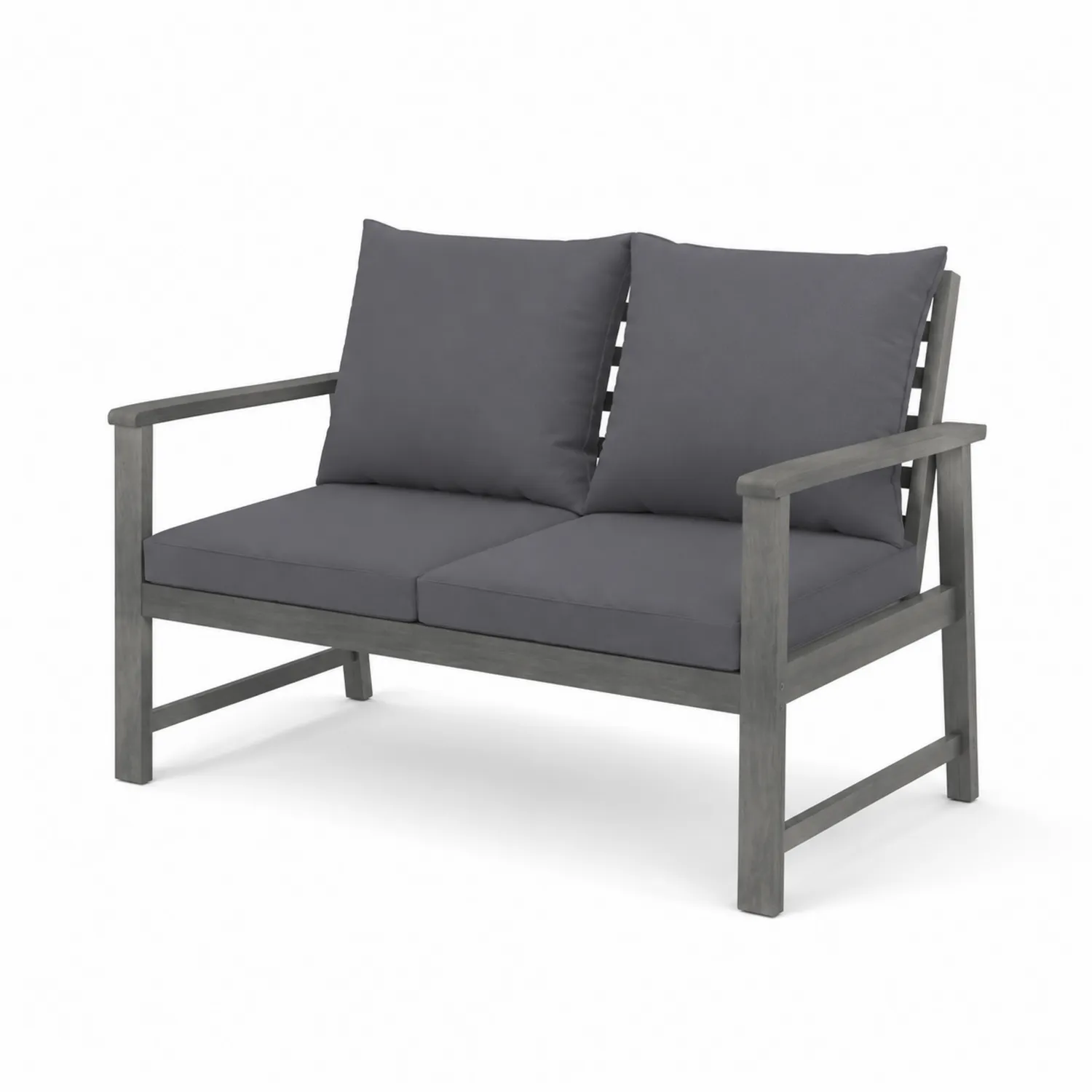 Banc en bois gris avec coussins en polyester