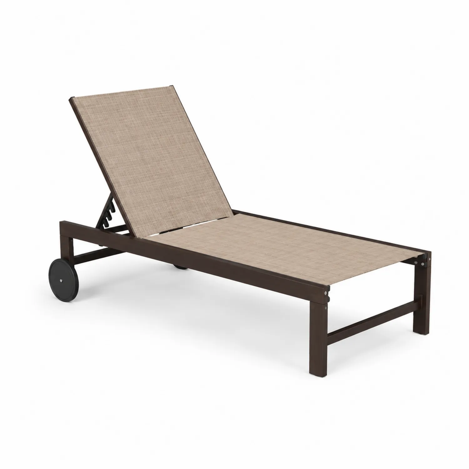 Chaise longue extérieure en aluminium brun avec assise en textilène beige