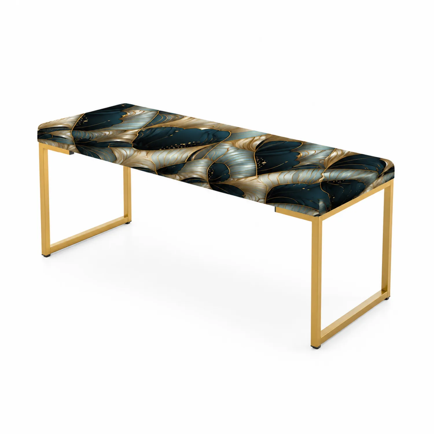 Banc rectangulaire rembourré tissu imprimé structure métallique dorée
