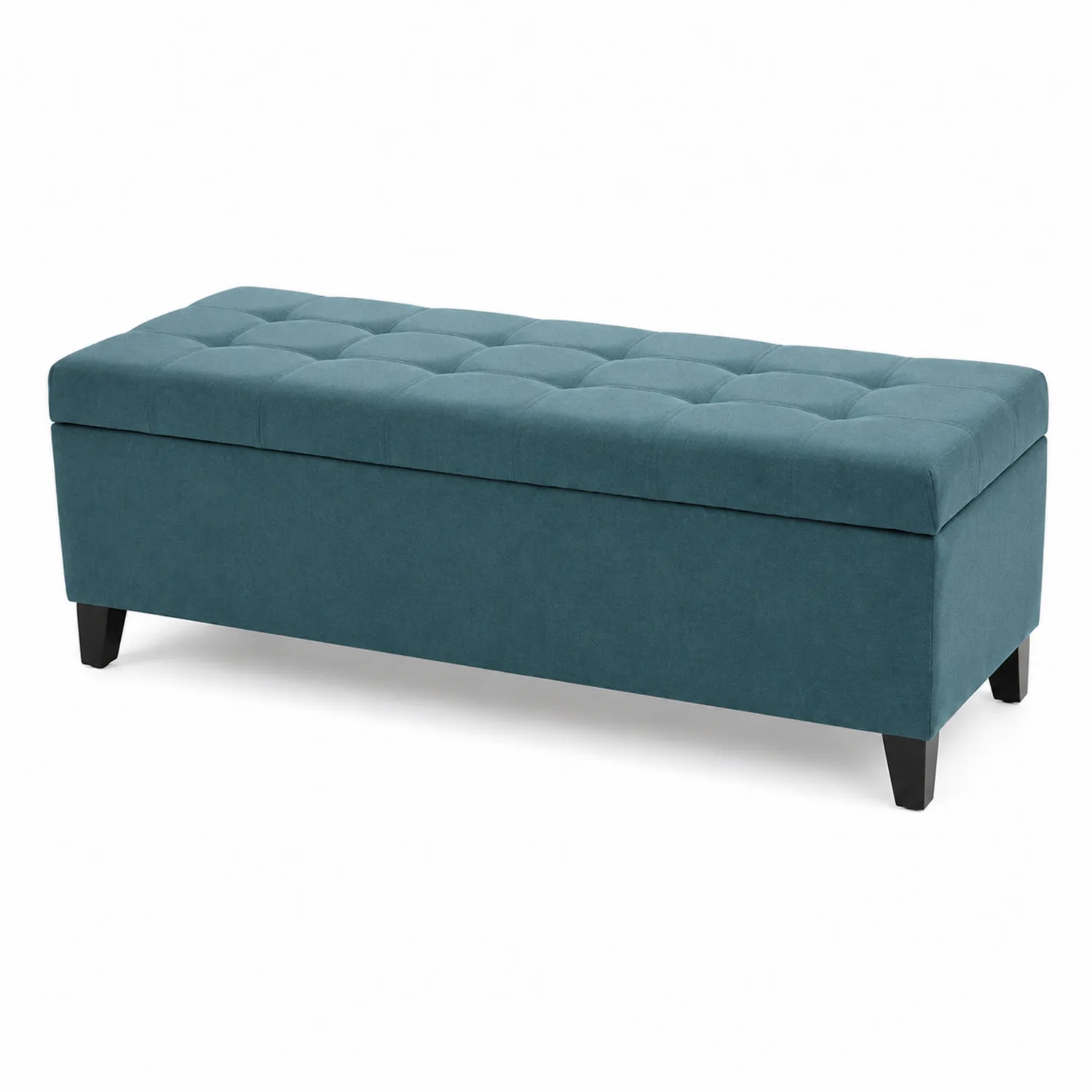 Banc de rangement en velours bleu avec pieds en bois