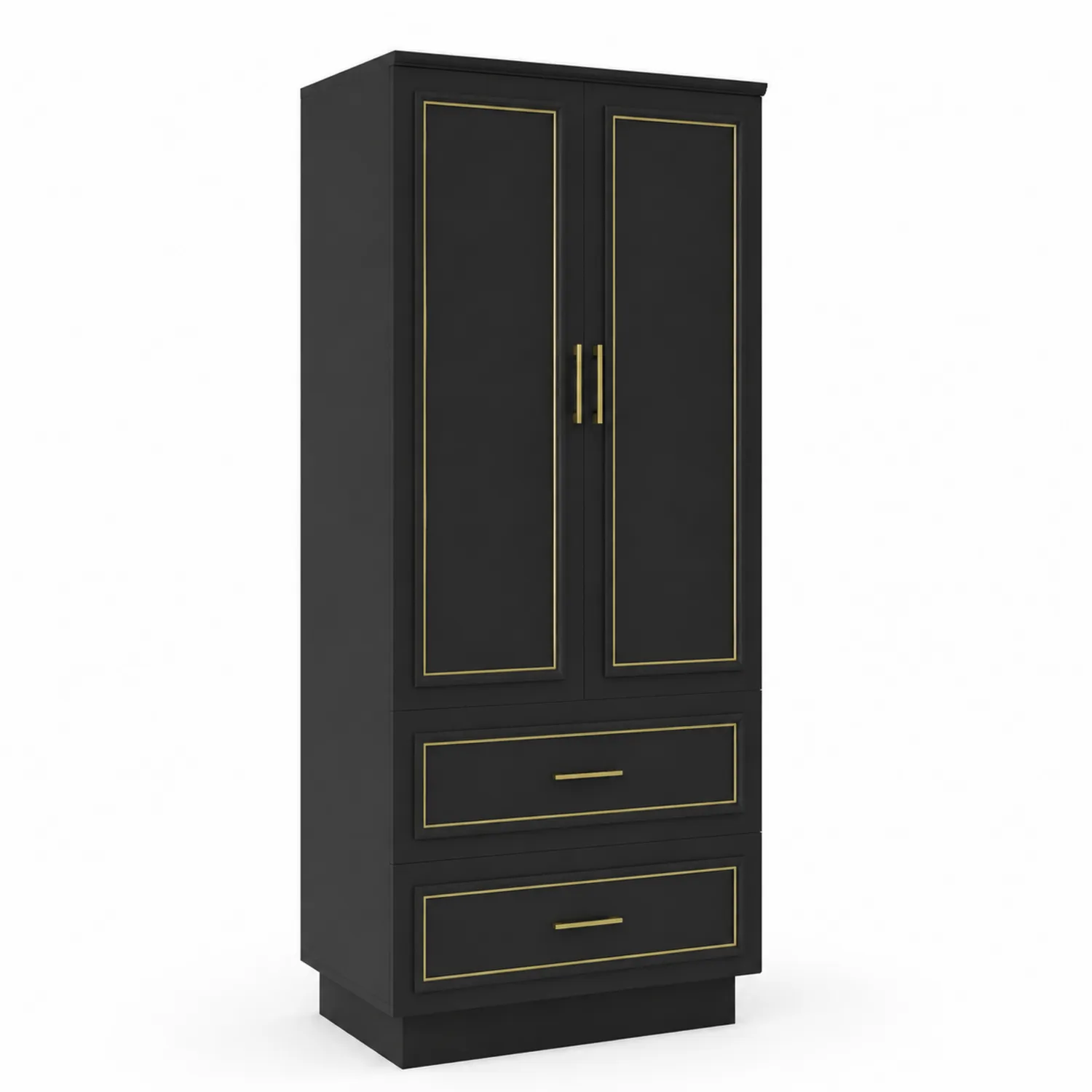 Armoire 2 Portes en Bois MDF Noir avec Détails Dorés et 2 Tiroirs