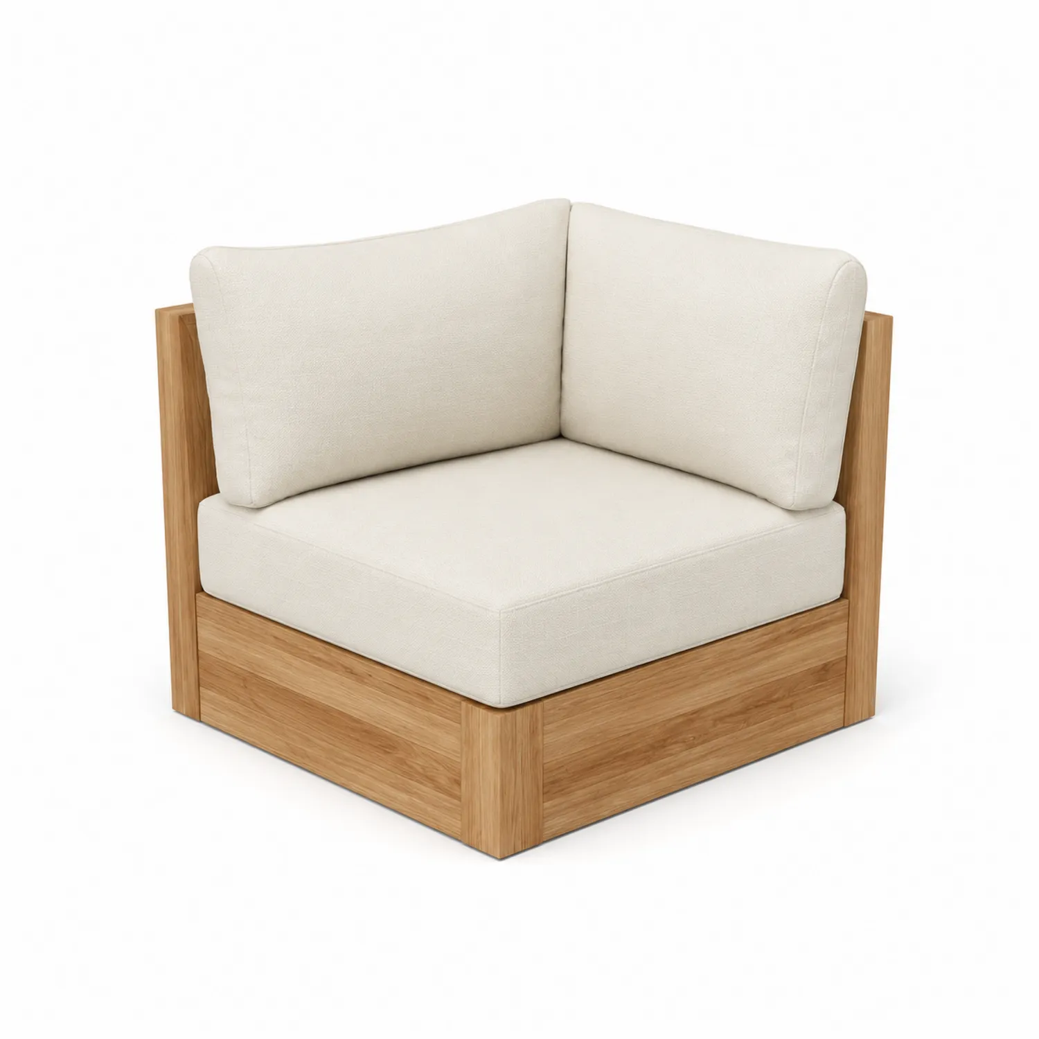 Canapé d'angle en bois avec coussins en tissu beige