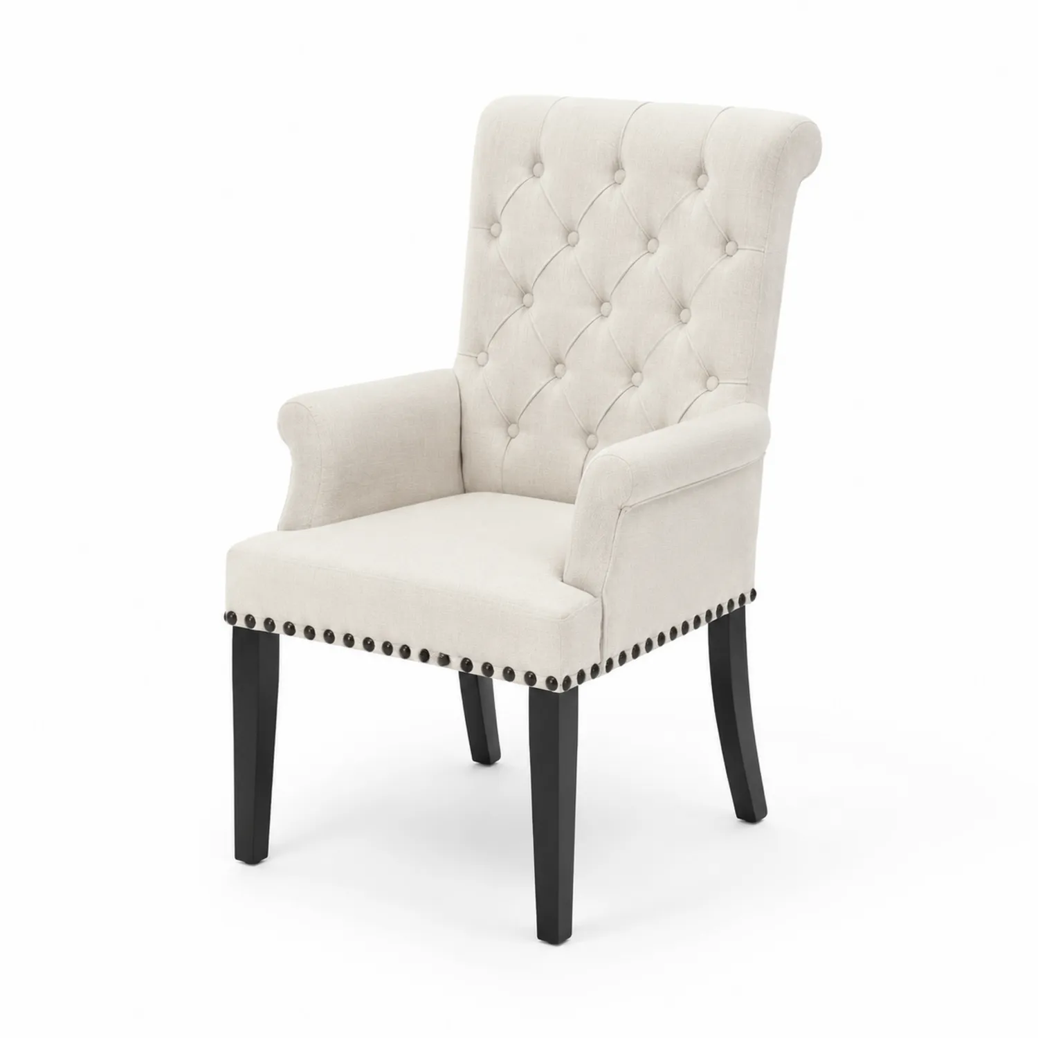 Chaise en bois avec accoudoirs et dossier capitonné lin Beige