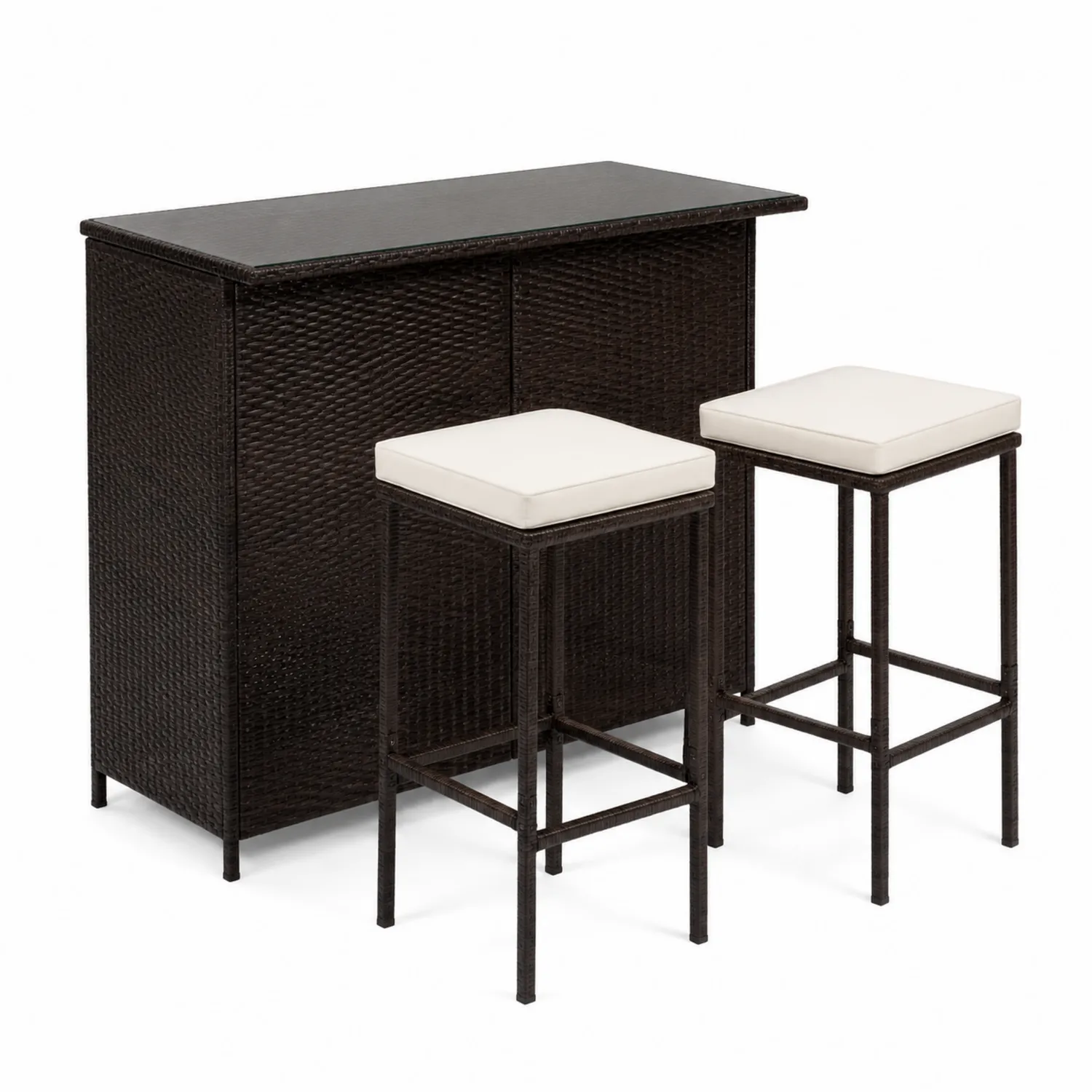 Ensemble de Bar Extérieur en Rotin avec Tabourets et Coussin Beige