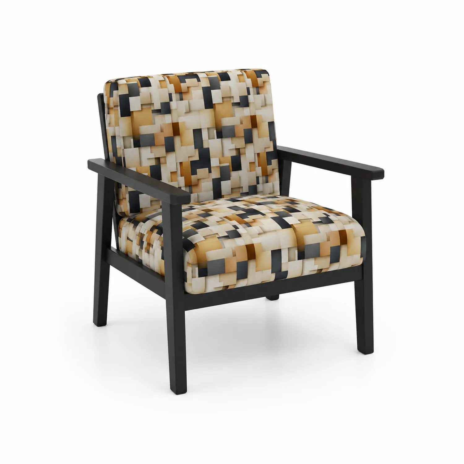 Fauteuil en bois et tissu polyester à motifs géométriques multicolores