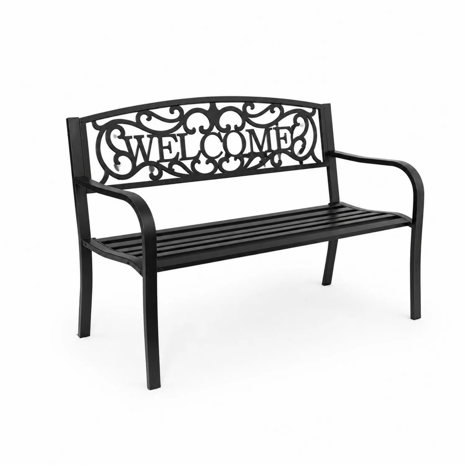 Banc d'extérieur en métal noir avec dossier décoratif