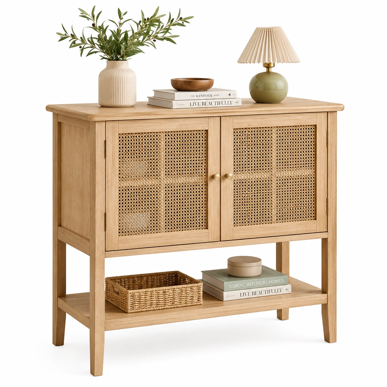 Mesa auxiliar nordica con puertas de rejilla natural