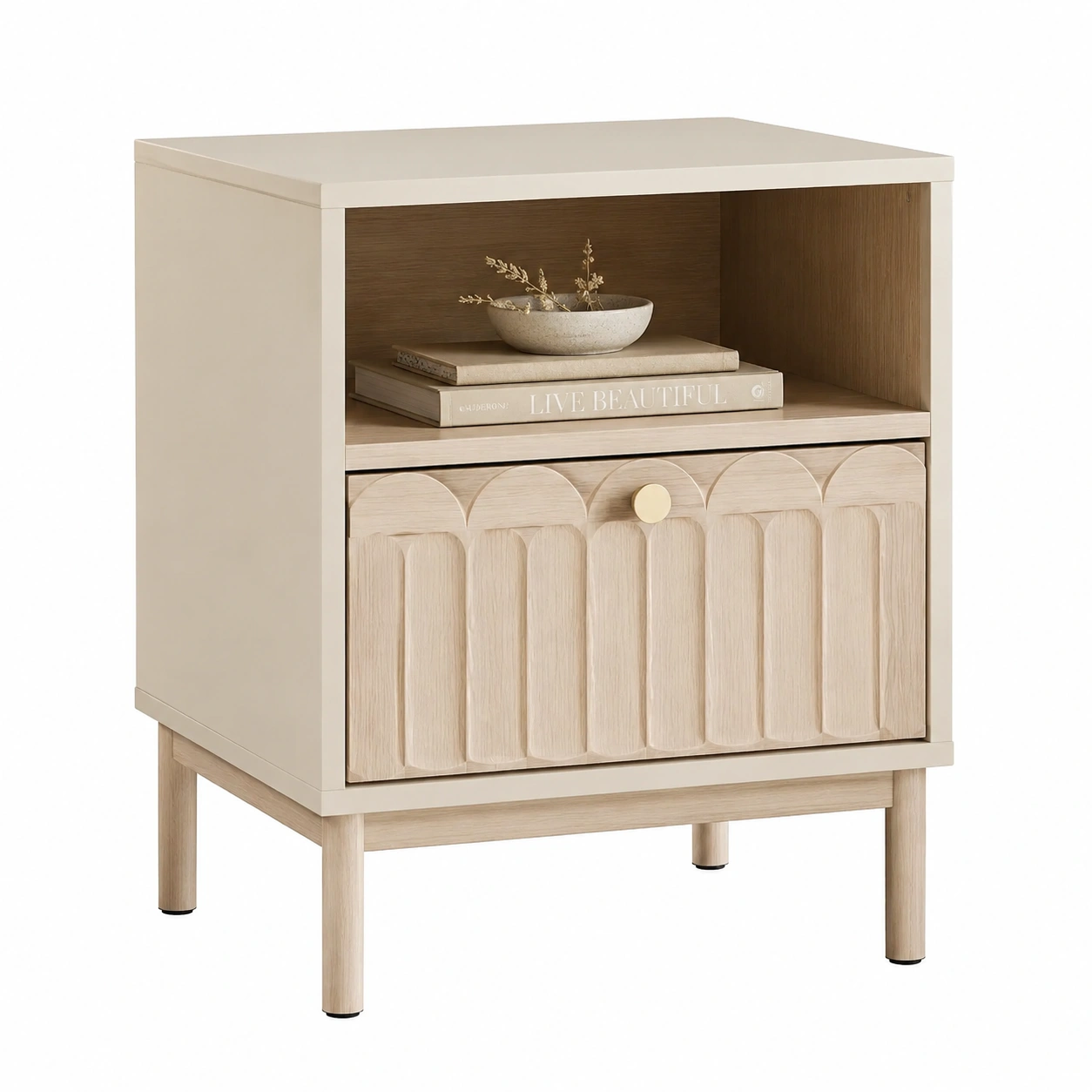 Mesita de noche nordica con relieve decorativo