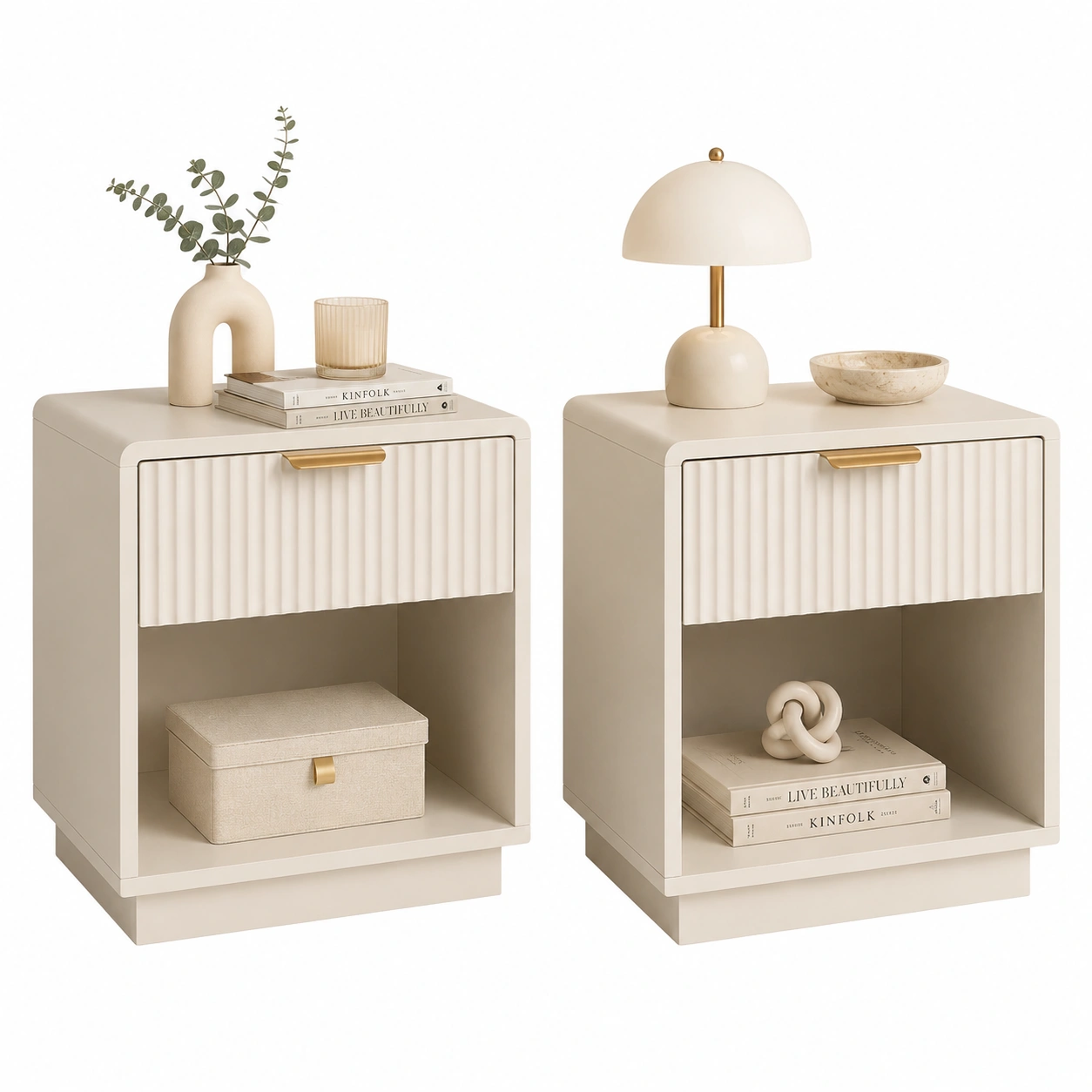 Mesita de noche minimalista crema con relieve