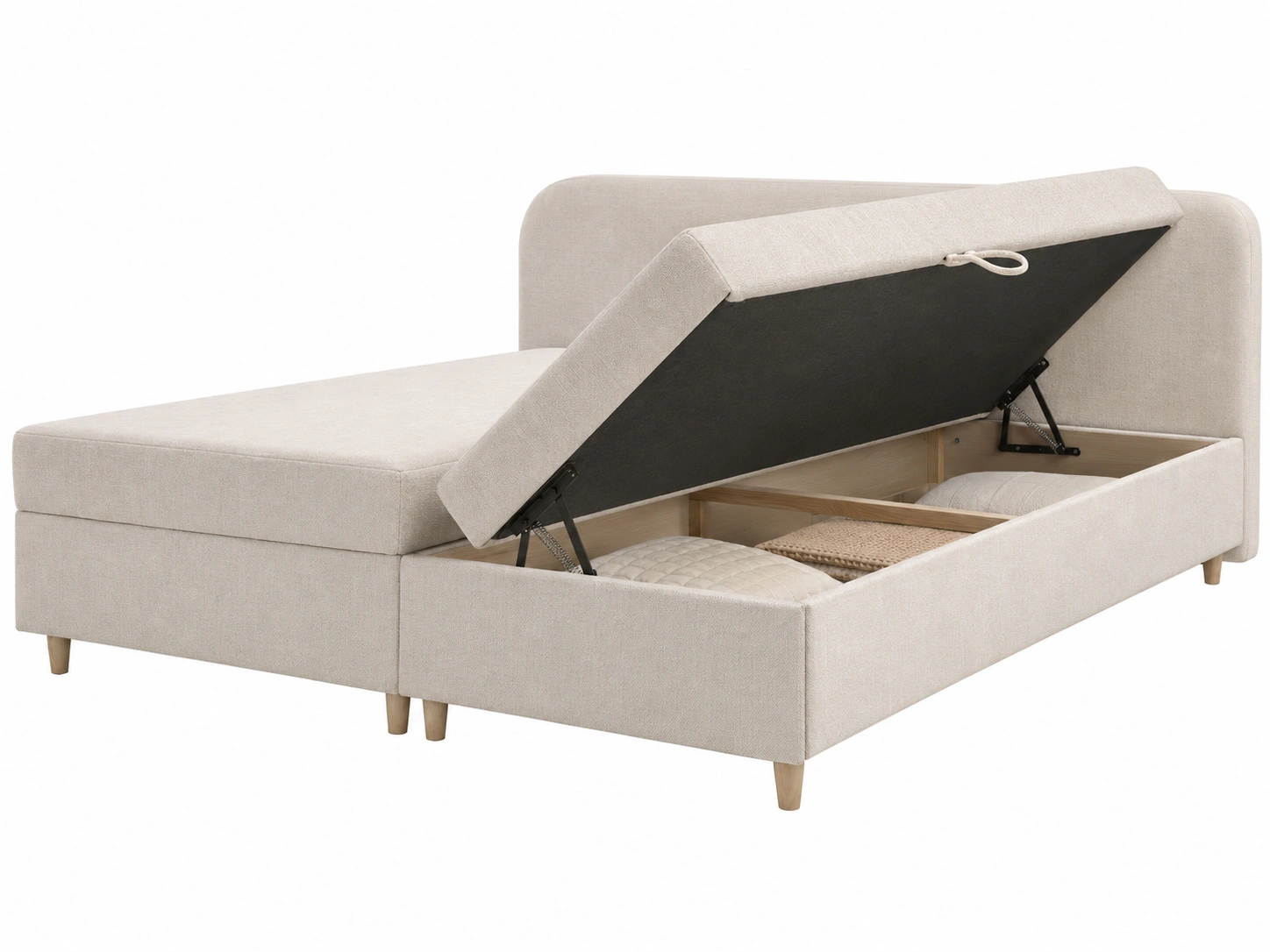 Cama chaise longue tapizada beige con almacenaje lateral