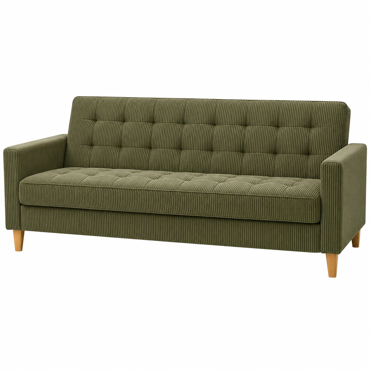 Sofa cama moderno tapizado de pana verde oliva con reposabrazos rectos y patas de madera
