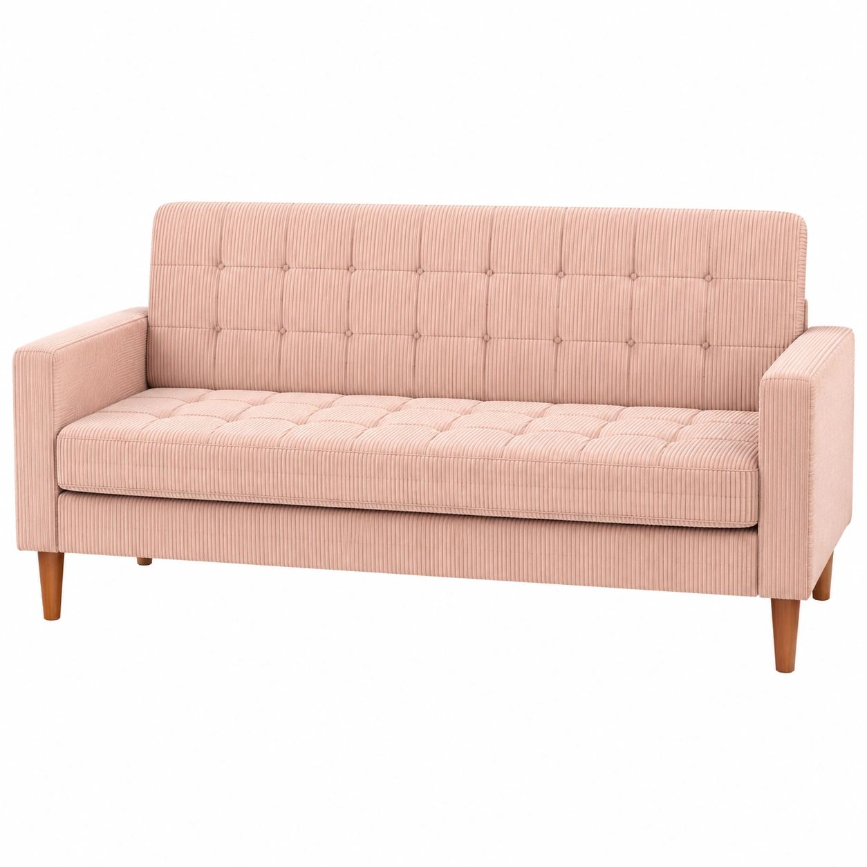 Sofa cama moderno tapizado de pana rosa claro con respaldo capitoneado y patas de madera