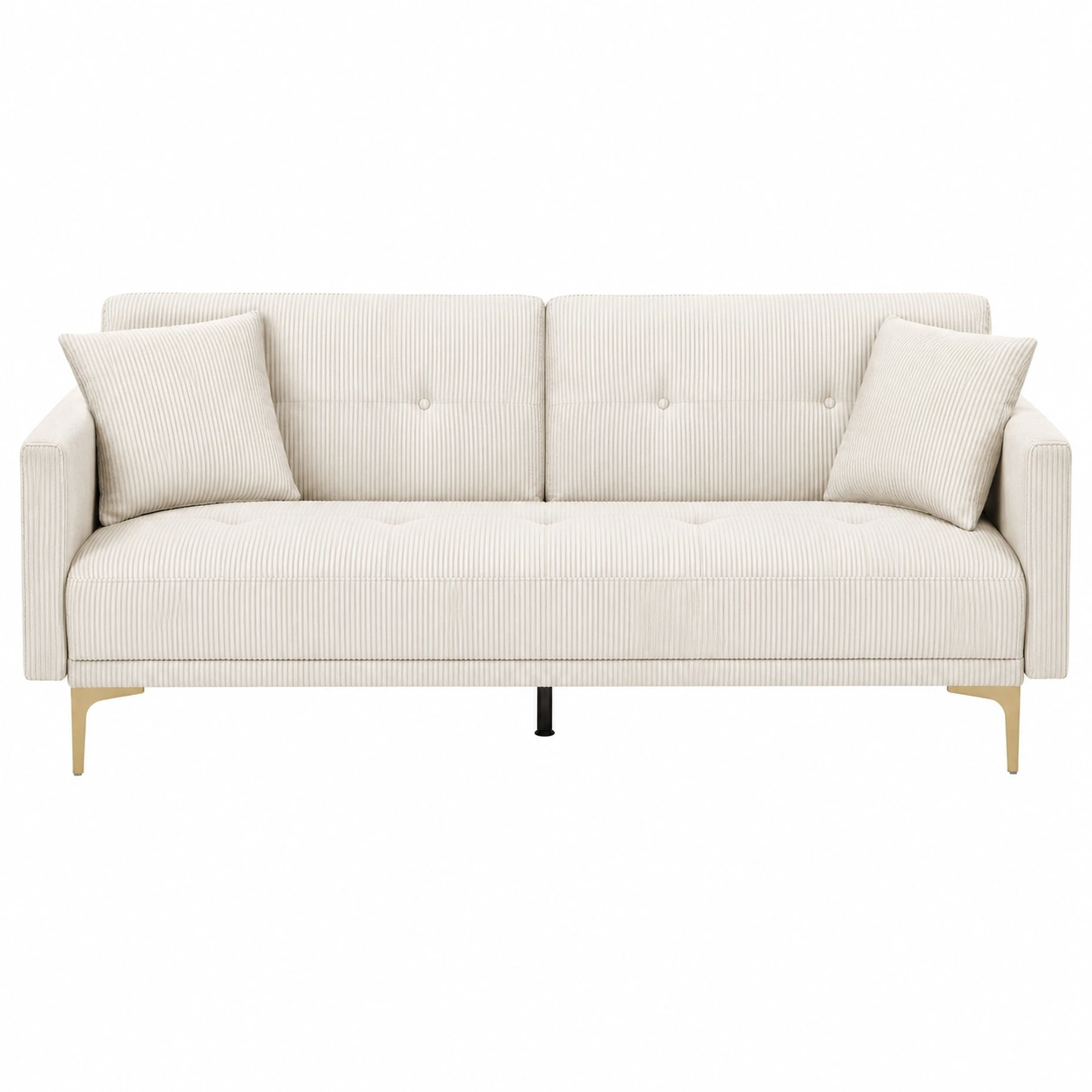 Sofa cama minimalista tapizado de pana blanca con cojines laterales y patas metalicas doradas