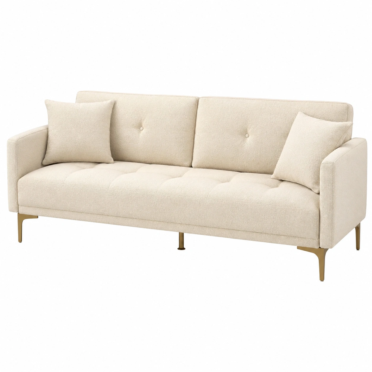 Sofa cama contemporaneo tapizado en boucle crema con cojines decorativos y base metalica