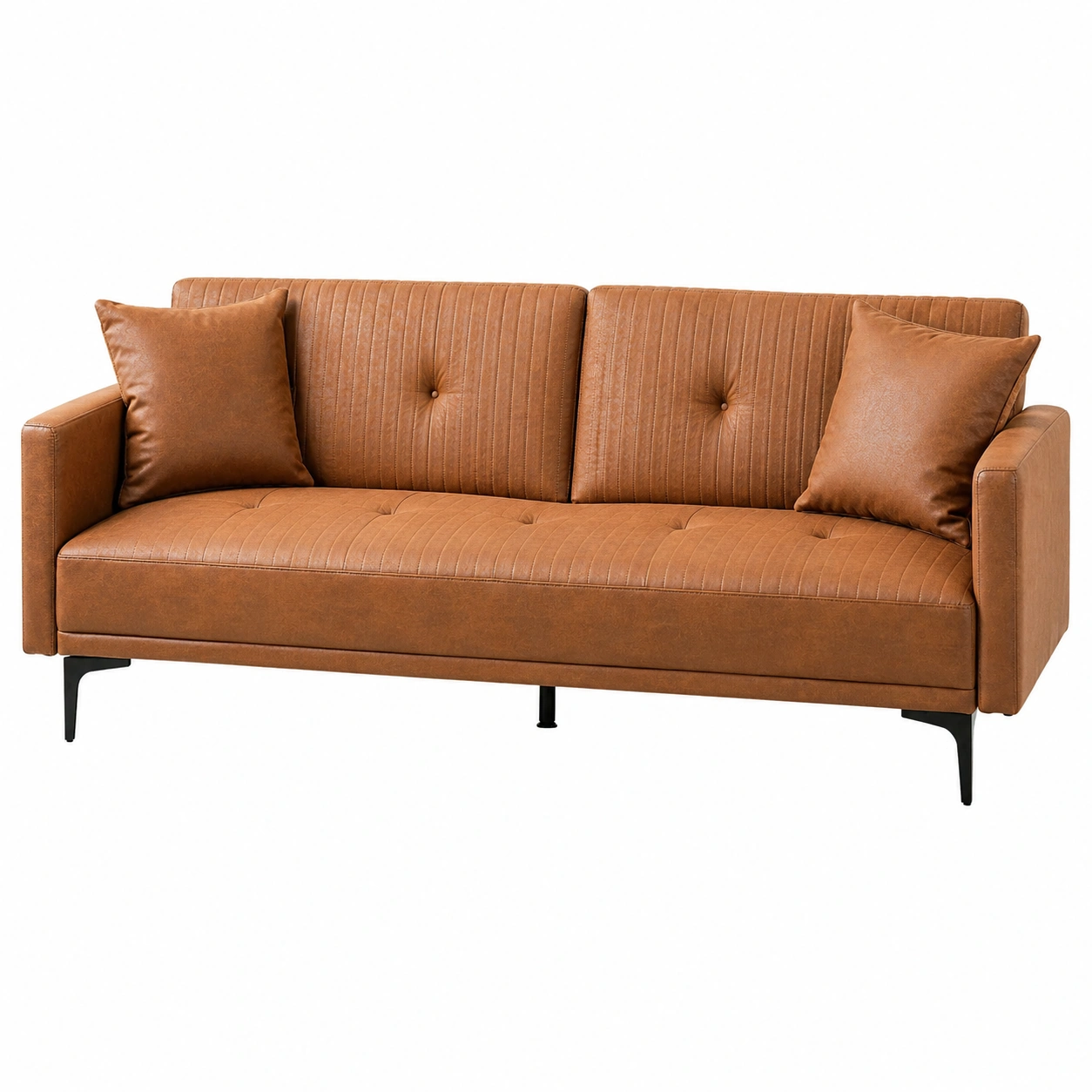 Sofa cama moderno tapizado en cuero sintetico marron camel con patas negras y cojines laterales