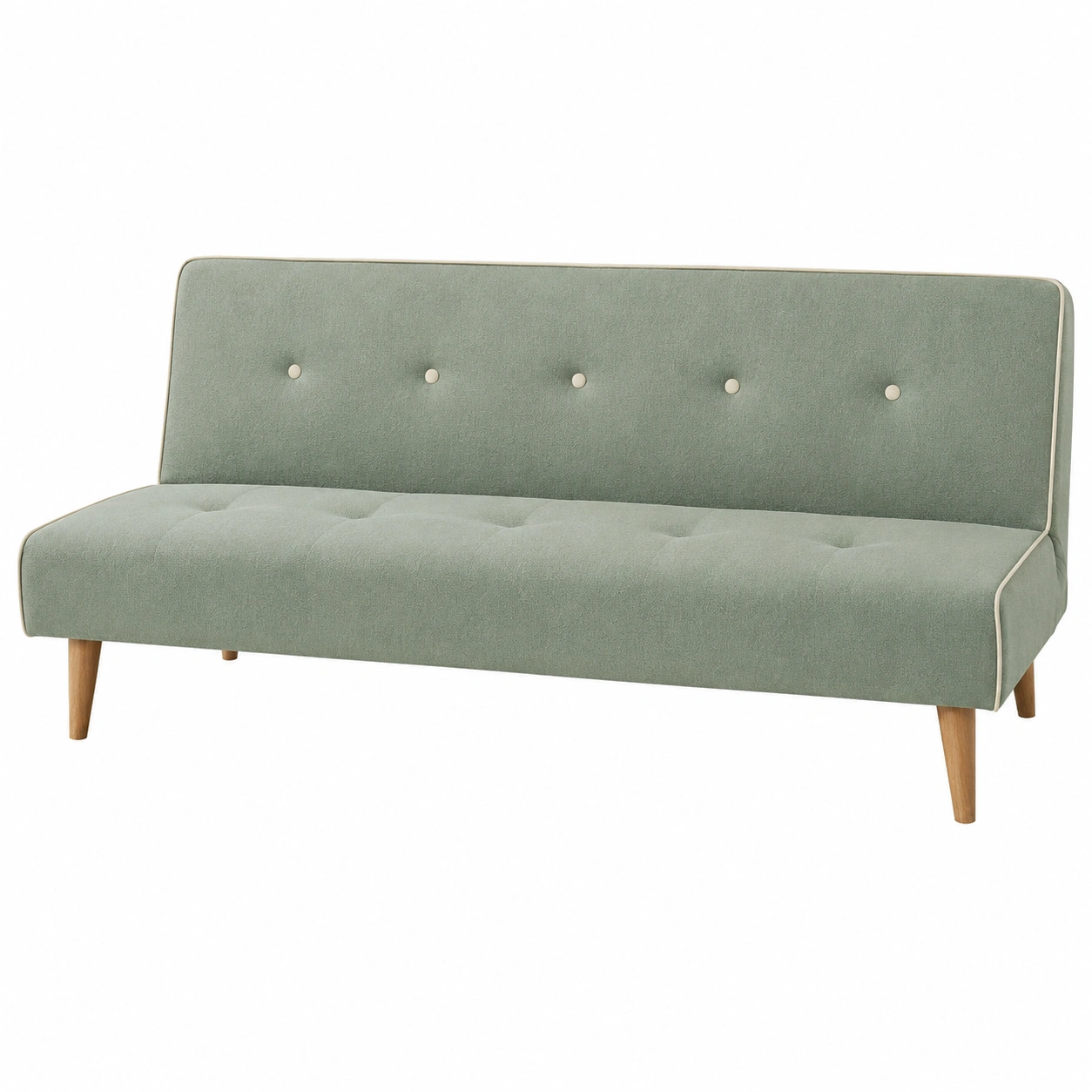 Sofa cama minimalista tapizado en tela verde clara con respaldo reclinable y patas de madera natural