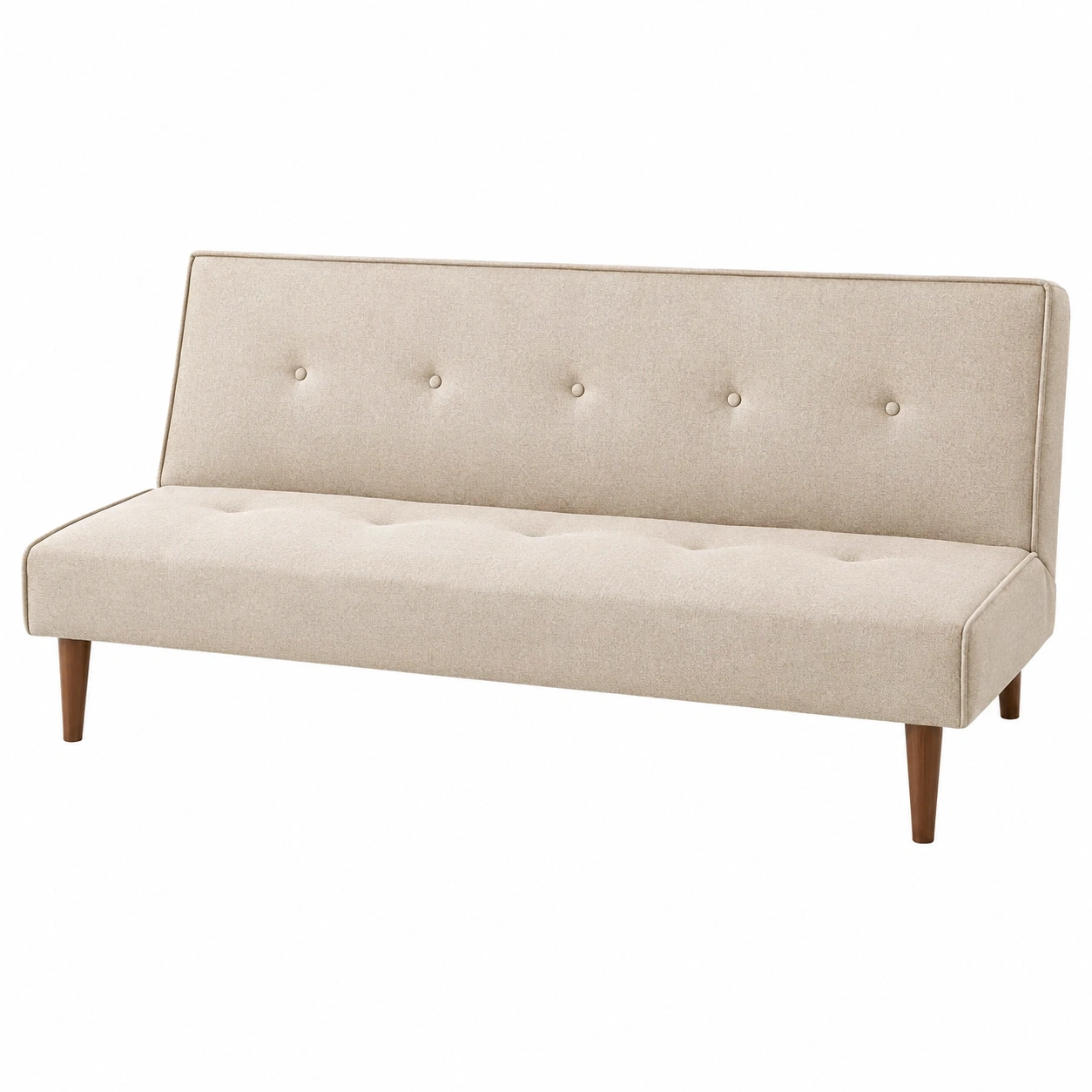 Sofa cama moderno tapizado en tela beige claro con respaldo acolchado y patas de madera estilo nordico para salon y apartamento