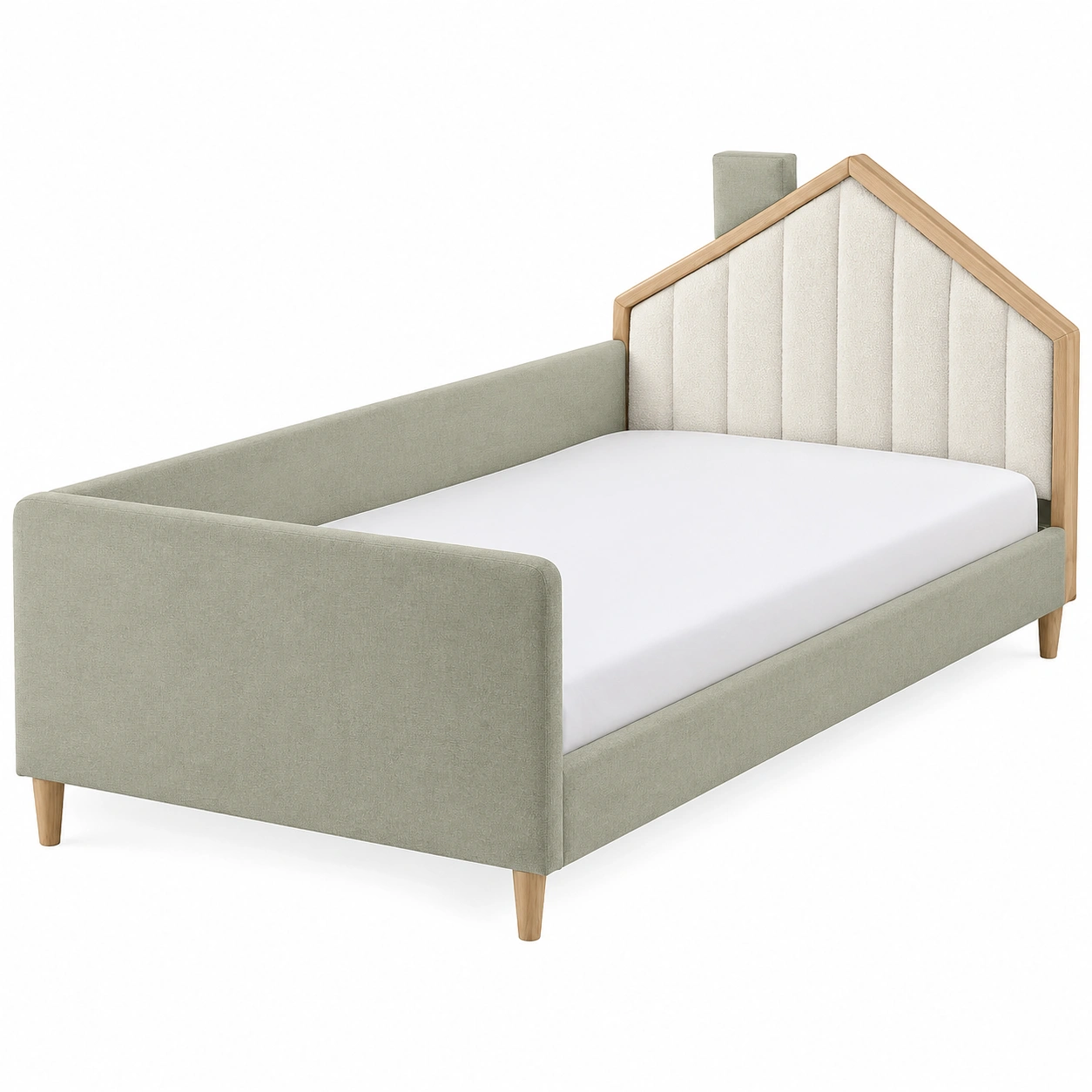 Cama infantil tapizada verde con cabecero casa