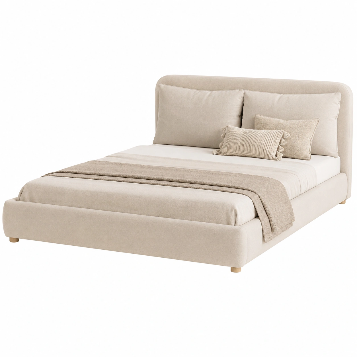 Cama doble minimalista con base tapizada