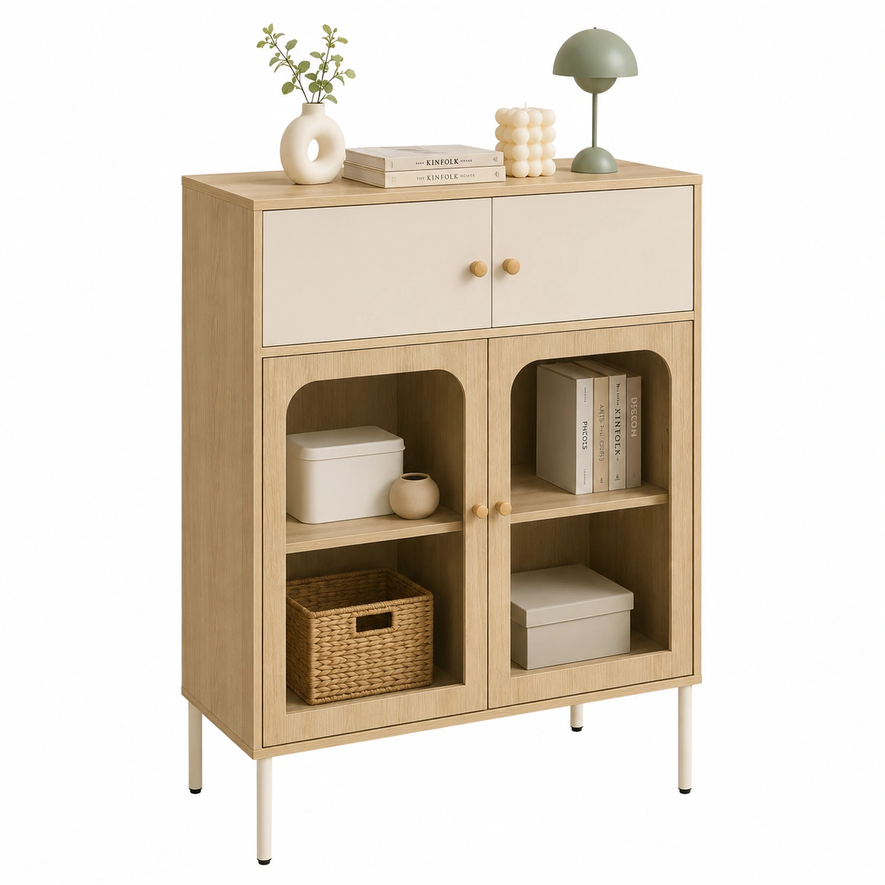 Armario auxiliar bicolor de madera con puertas de cristal