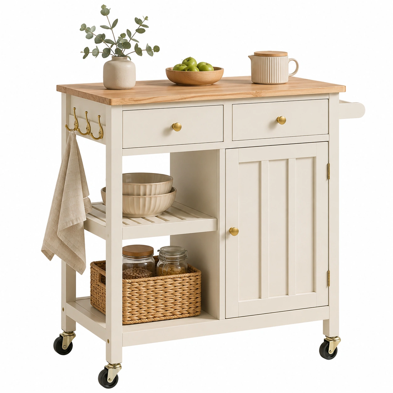 Carro auxiliar beige con ruedas y encimera de madera