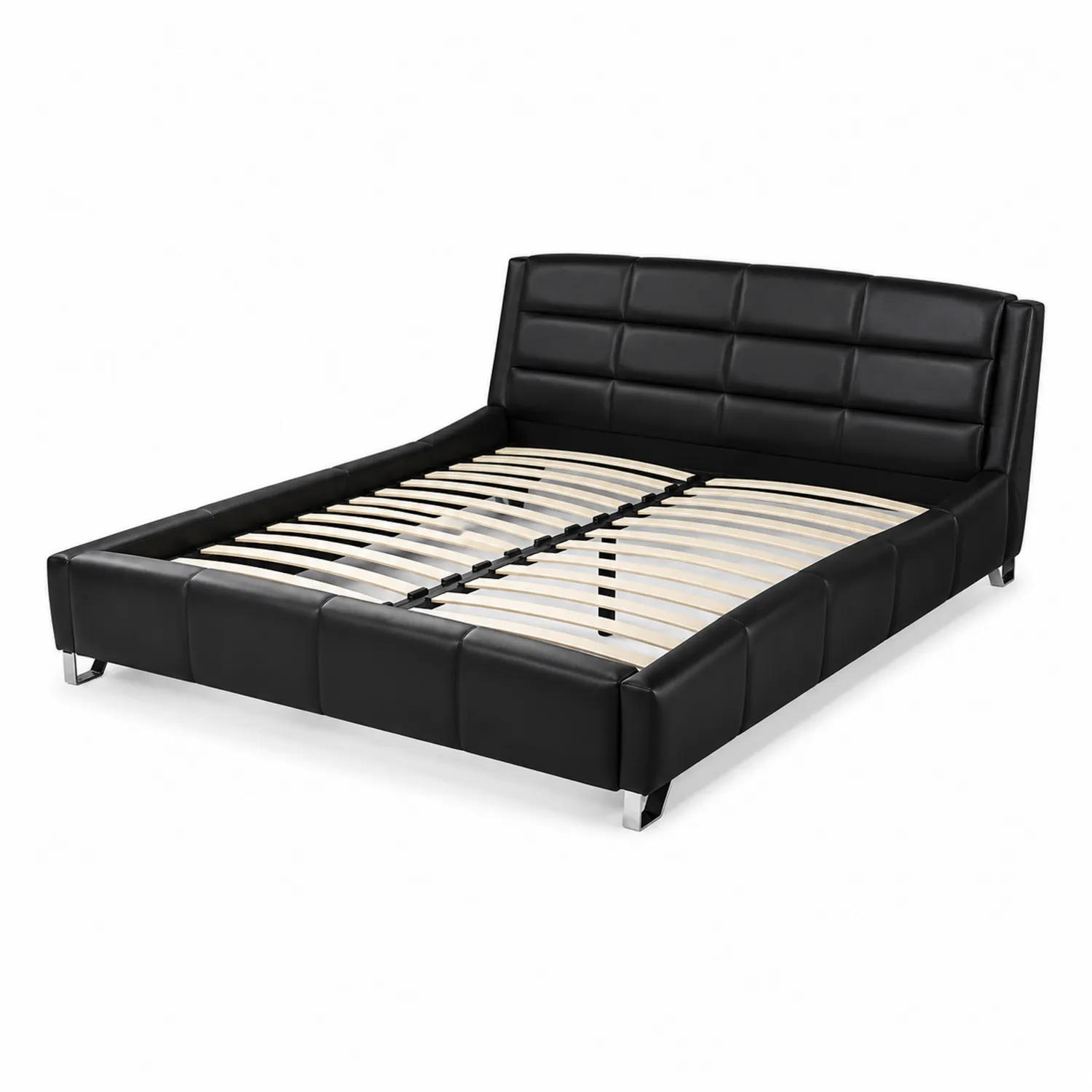 Cama doble de cuero sintético negro con cabecera acolchada