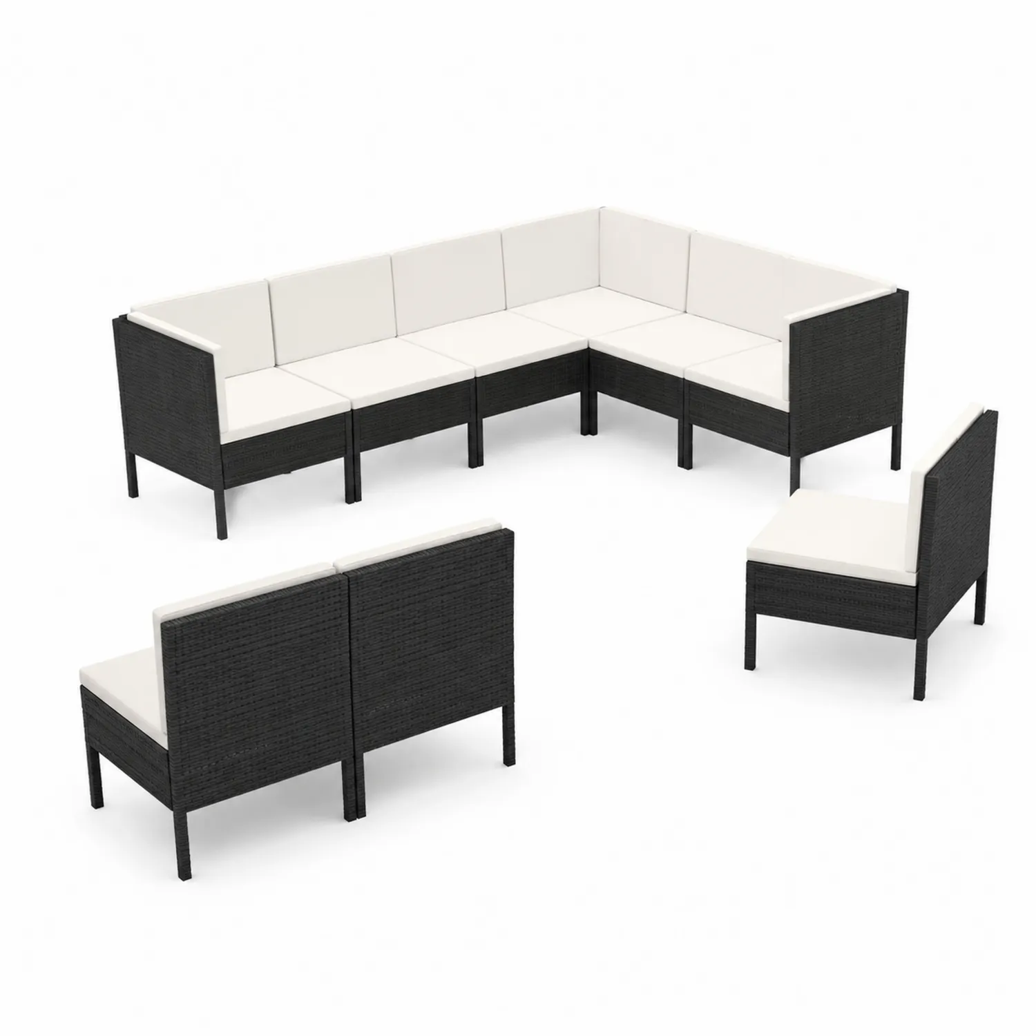 Conjunto modular de sofá de jardín en L ratán negro cojines blancos