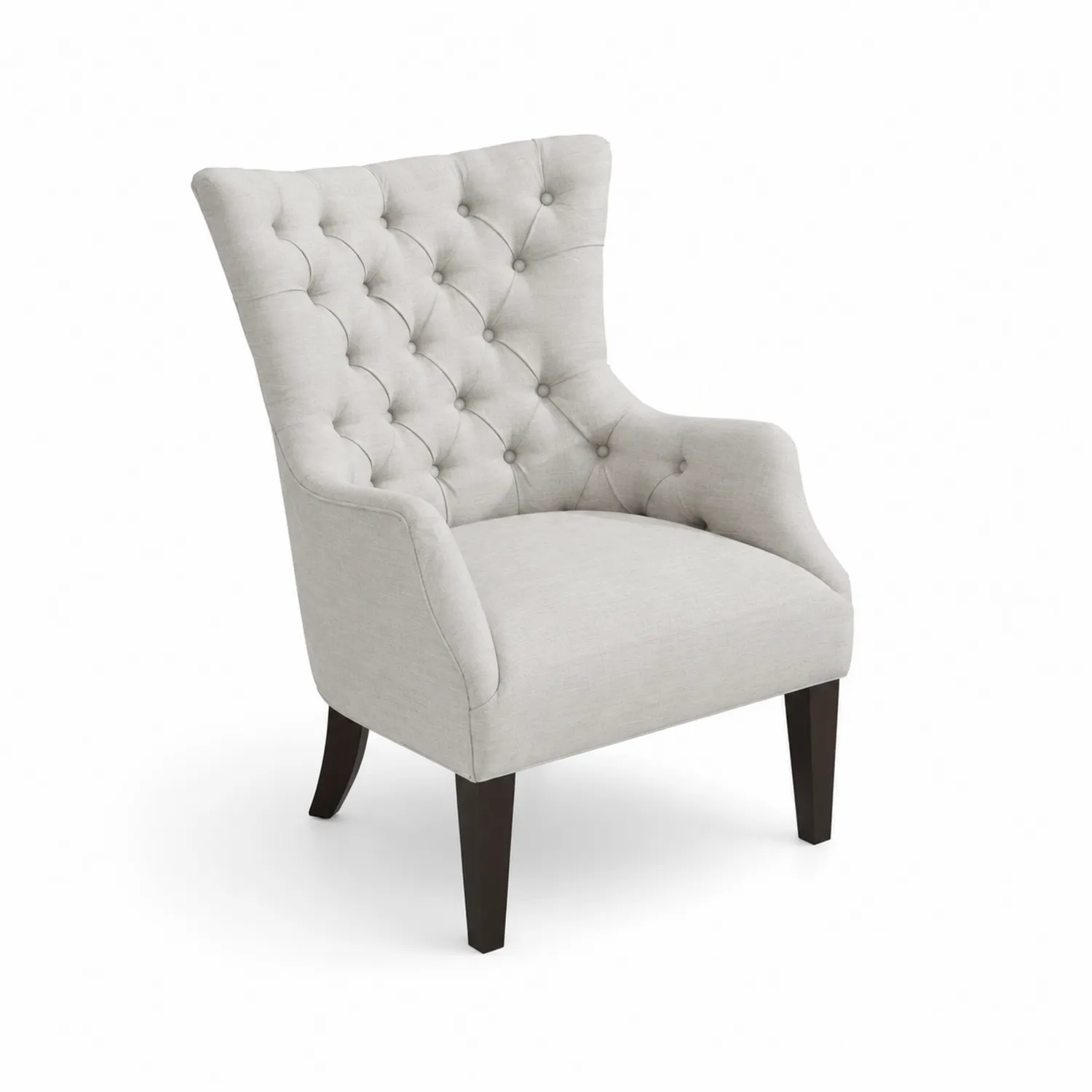 Silla de Tela Beige con Respaldo Capitoneado y Patas de Madera de Haya