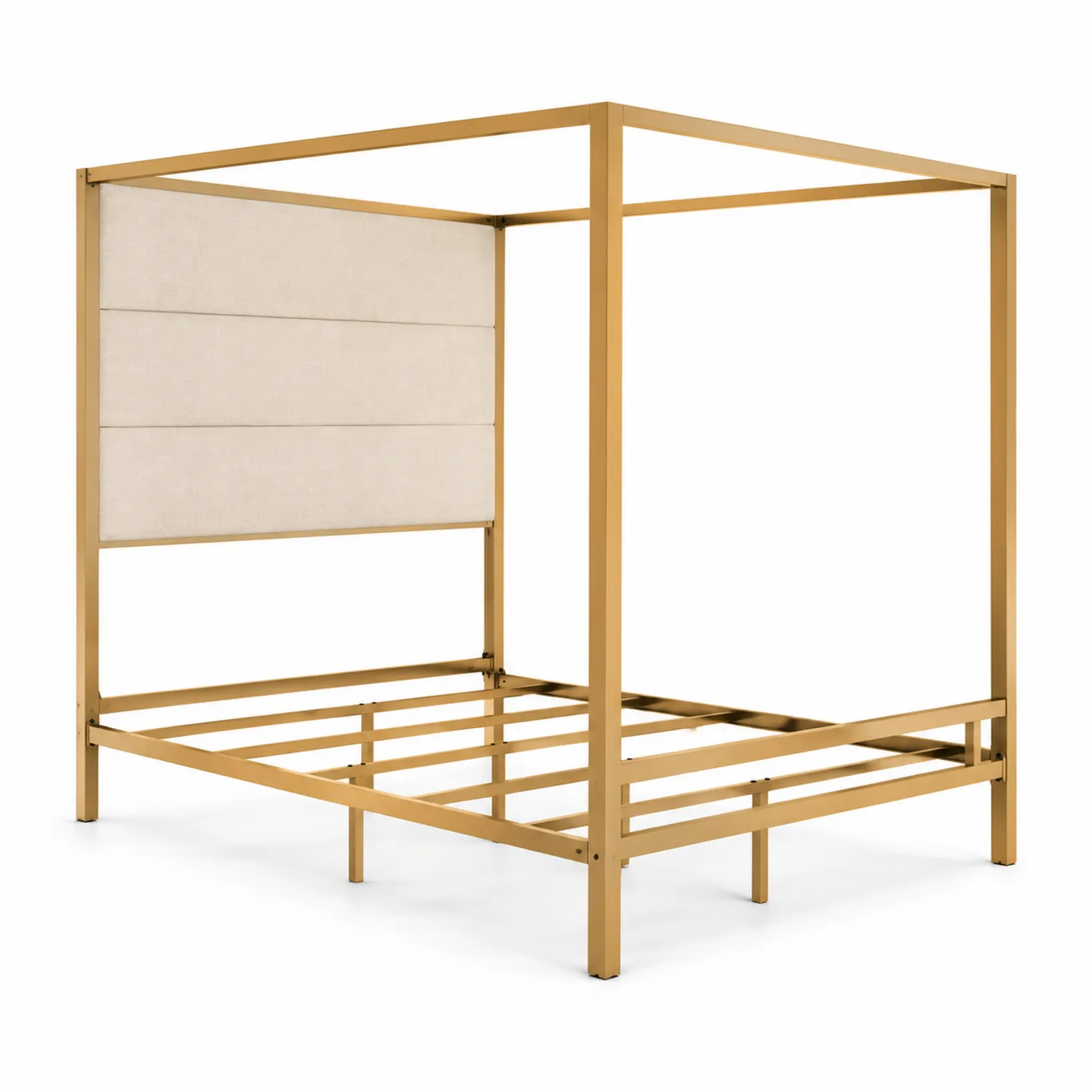 Cama de metal con dosel dorado y cabecera beige
