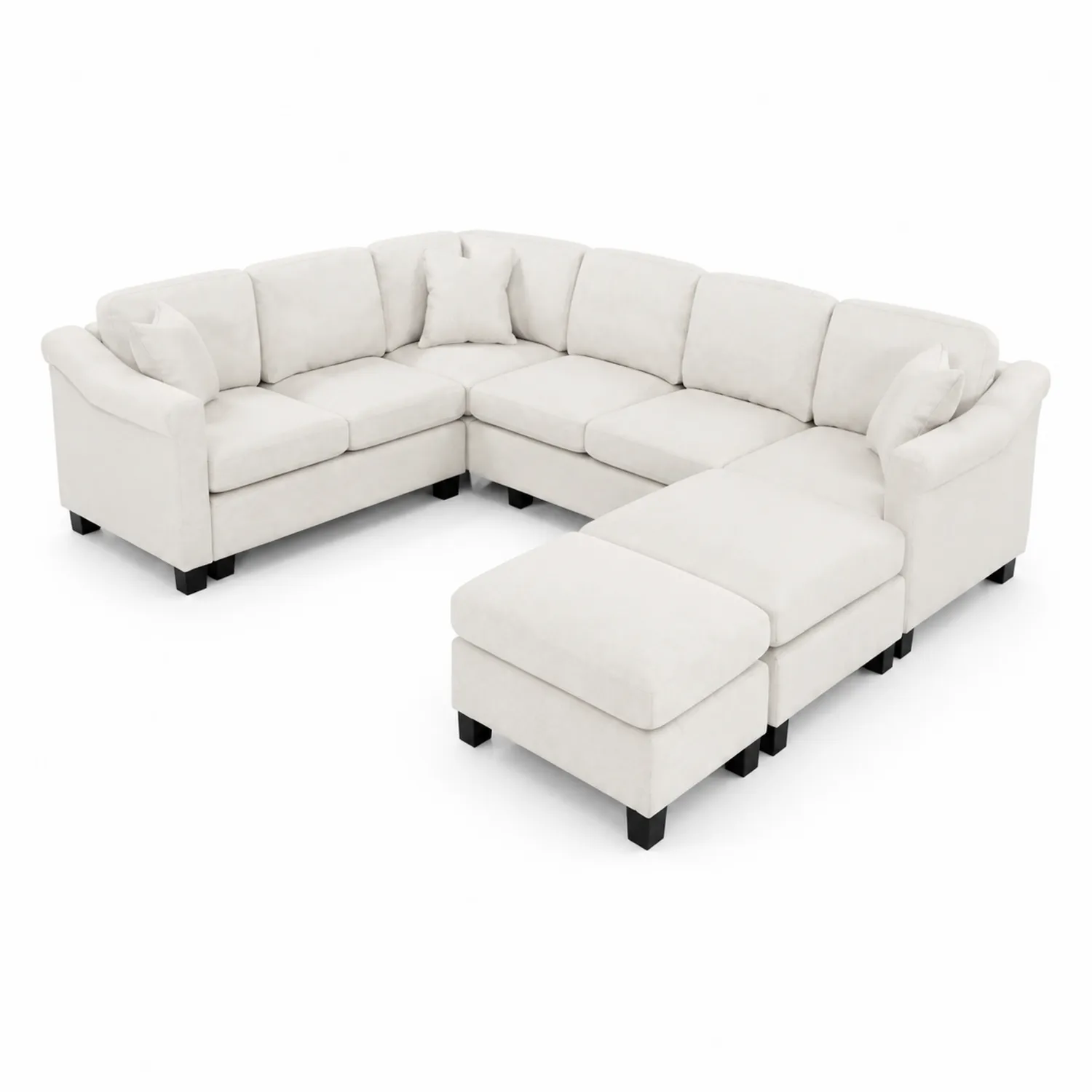 Sofá Seccional de Tela Beige en Forma de U con Cojines