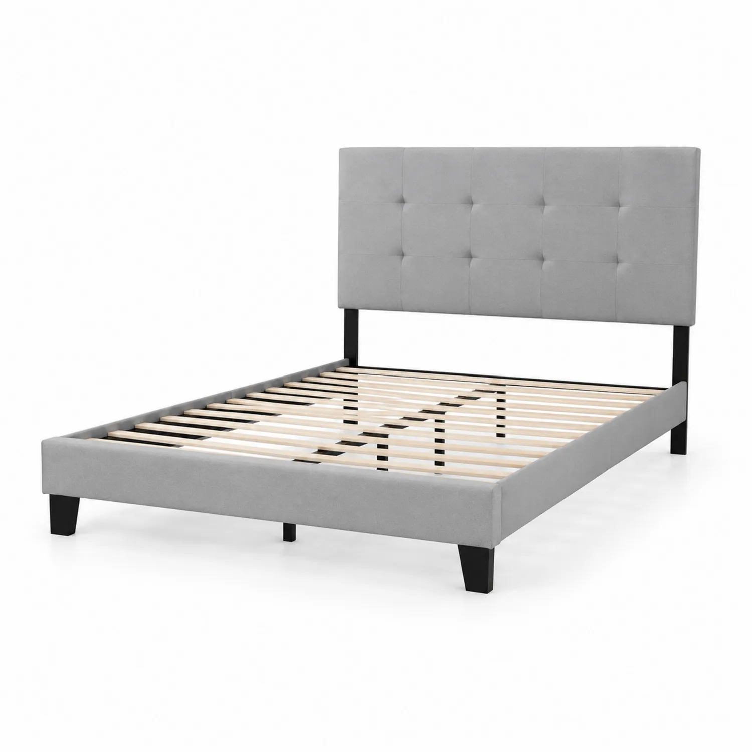 Cama tapizada gris 150x200 cm con estructura de madera y metal