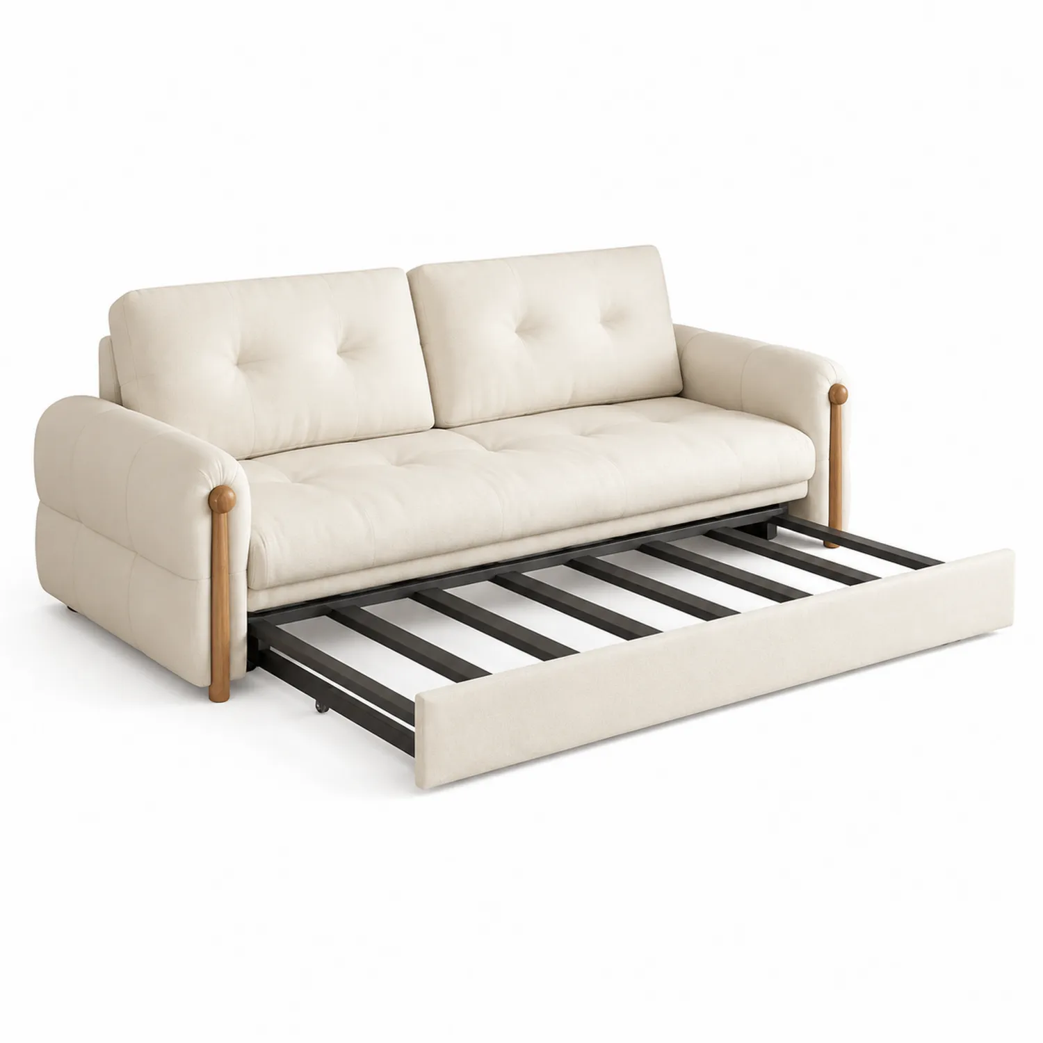 Sofá cama beige de poliéster con estructura de madera