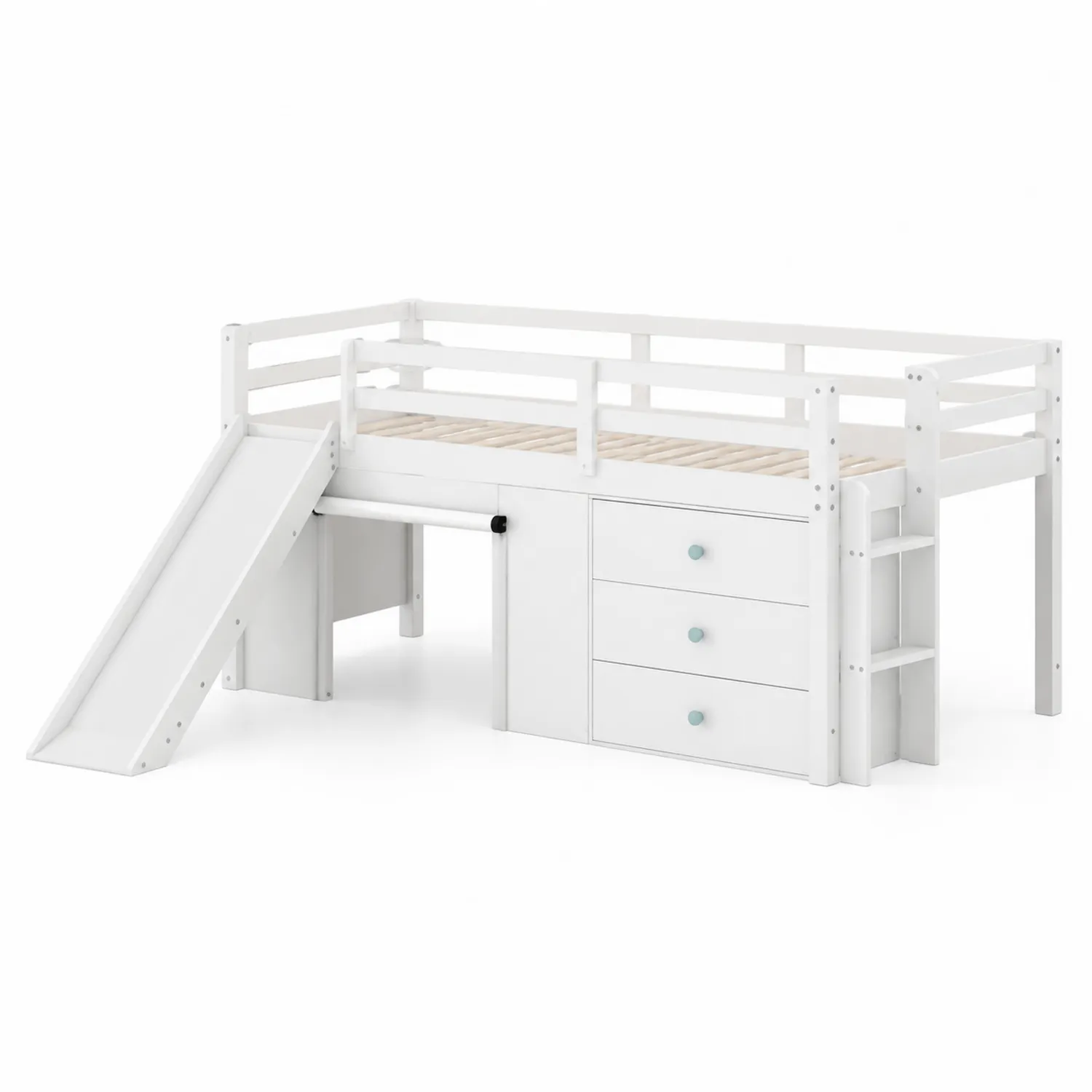 Cama alta infantil de madera blanca con almacenamiento y tobogán
