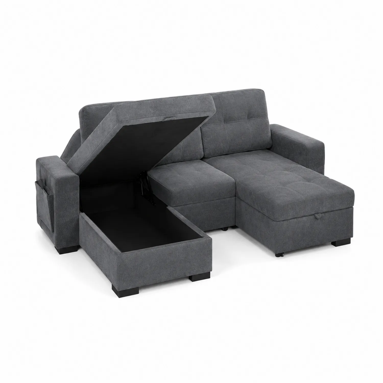 Sofá modular con chaise longue de poliéster gris oscuro con almacenamiento