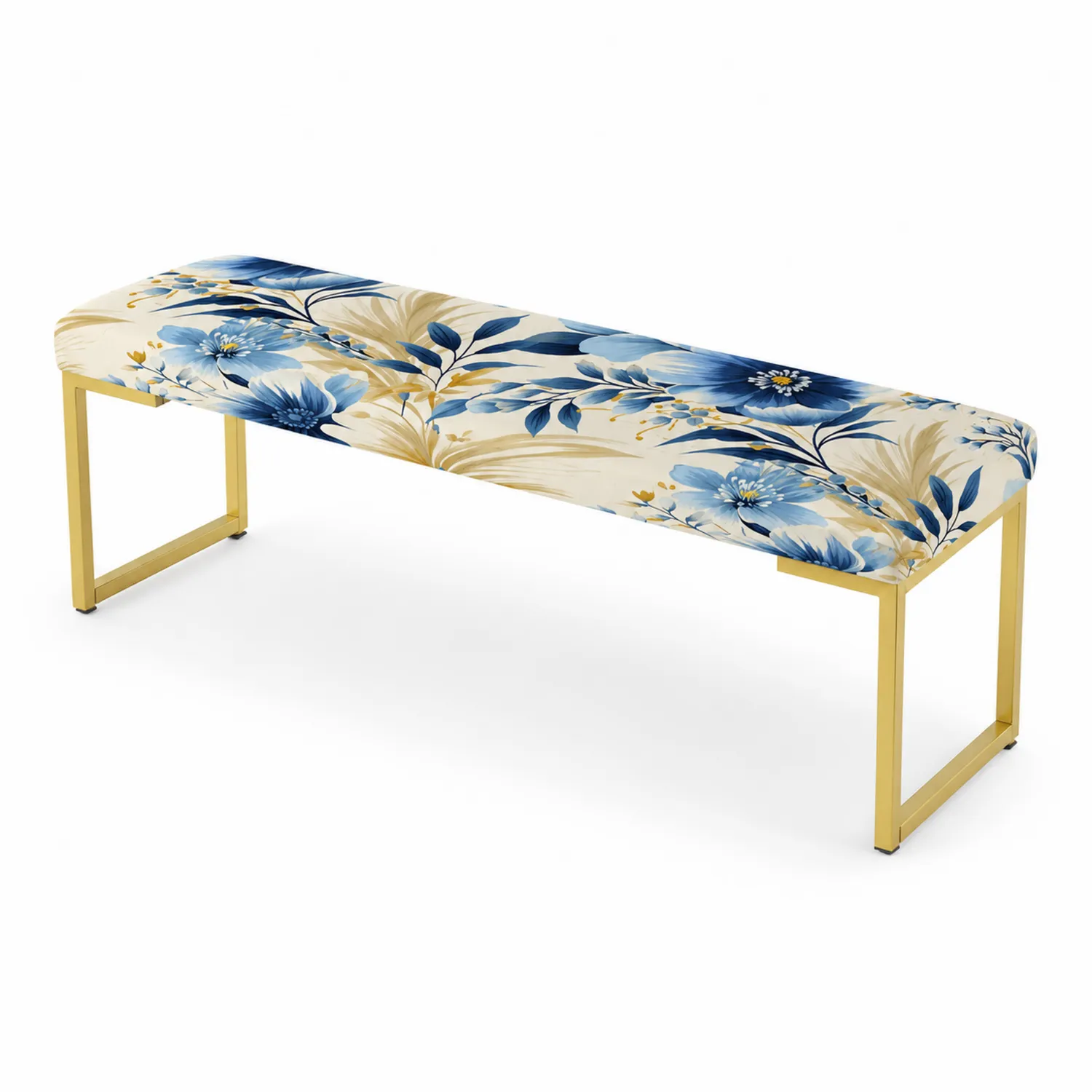 Banco tapizado floral azul crema con estructura de metal 140x45x48cm